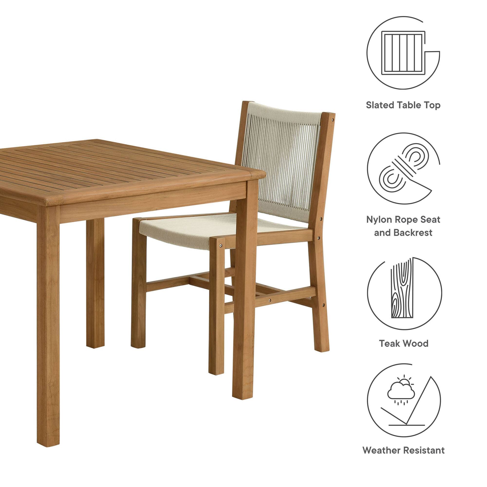 - Slatted Table Top
- Nylon Rope Seat and Backrest
- Teak Wood
- Weather Resistant