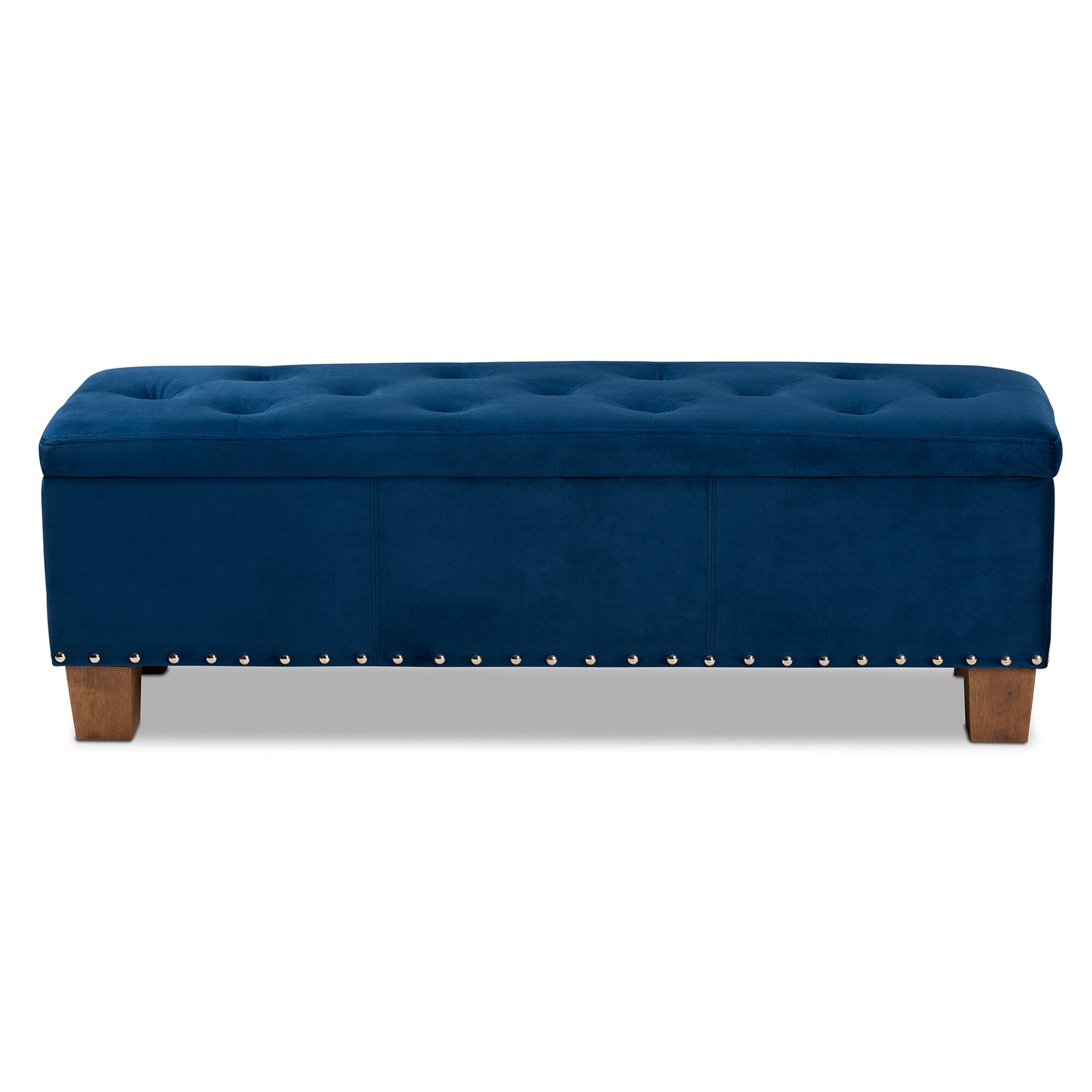 Left. Baxton Studio - Hannah Modern and Contemporary Velvet Fabric Upholstered Button-Tufted Storage Ottoman Bench - Navy Blue/Brown.