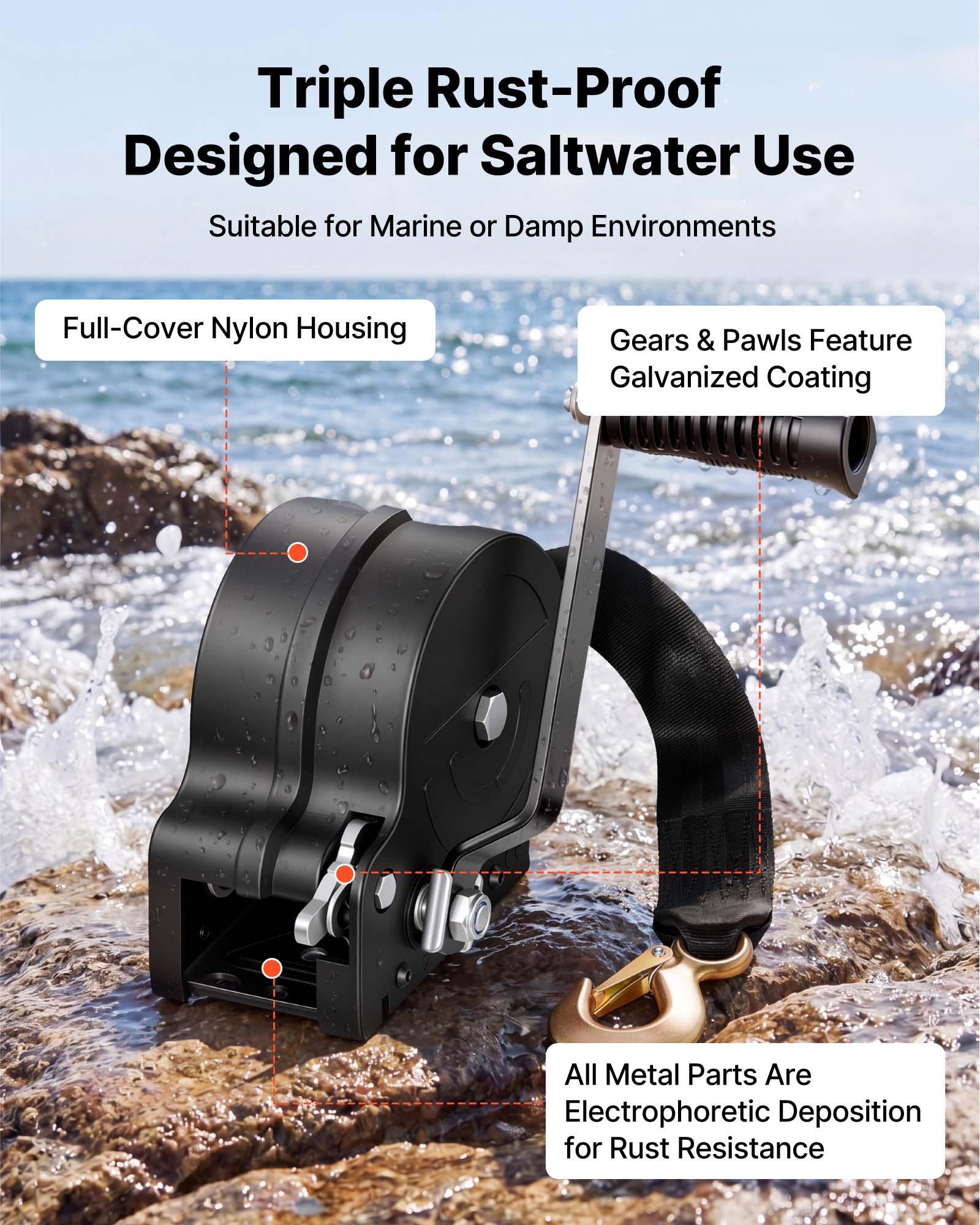 Triple Rust-Proof  
Designed for Saltwater Use  
Suitable for Marine or Damp Environments  

Full-Cover Nylon Housing  

Gears & Pawls Feature Galvanized Coating  

All Metal Parts Are Electrophoretic Deposition for Rust Resistance