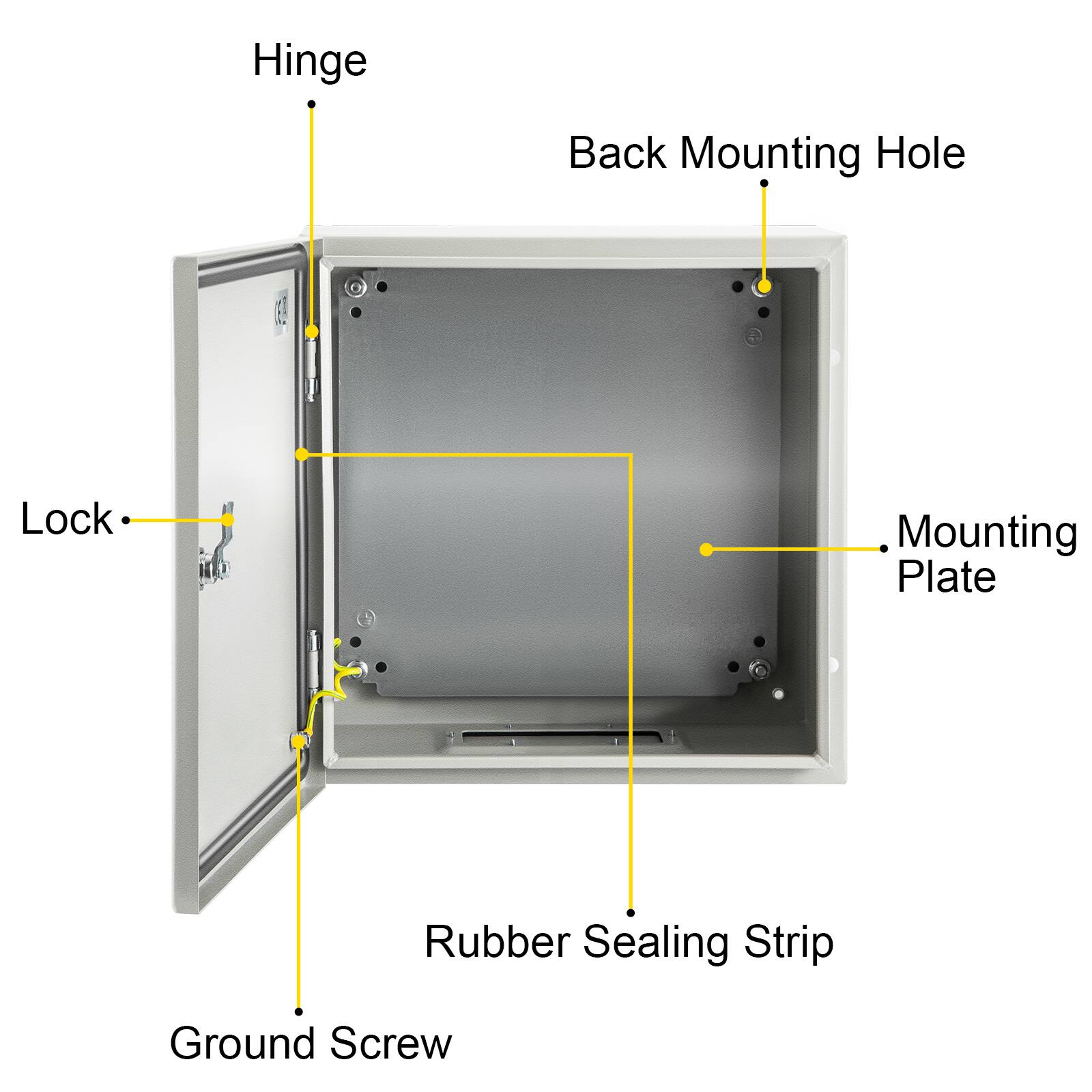 Hinge  
Back Mounting Hole  
Lock  
Mounting Plate  
Rubber Sealing Strip  
Ground Screw