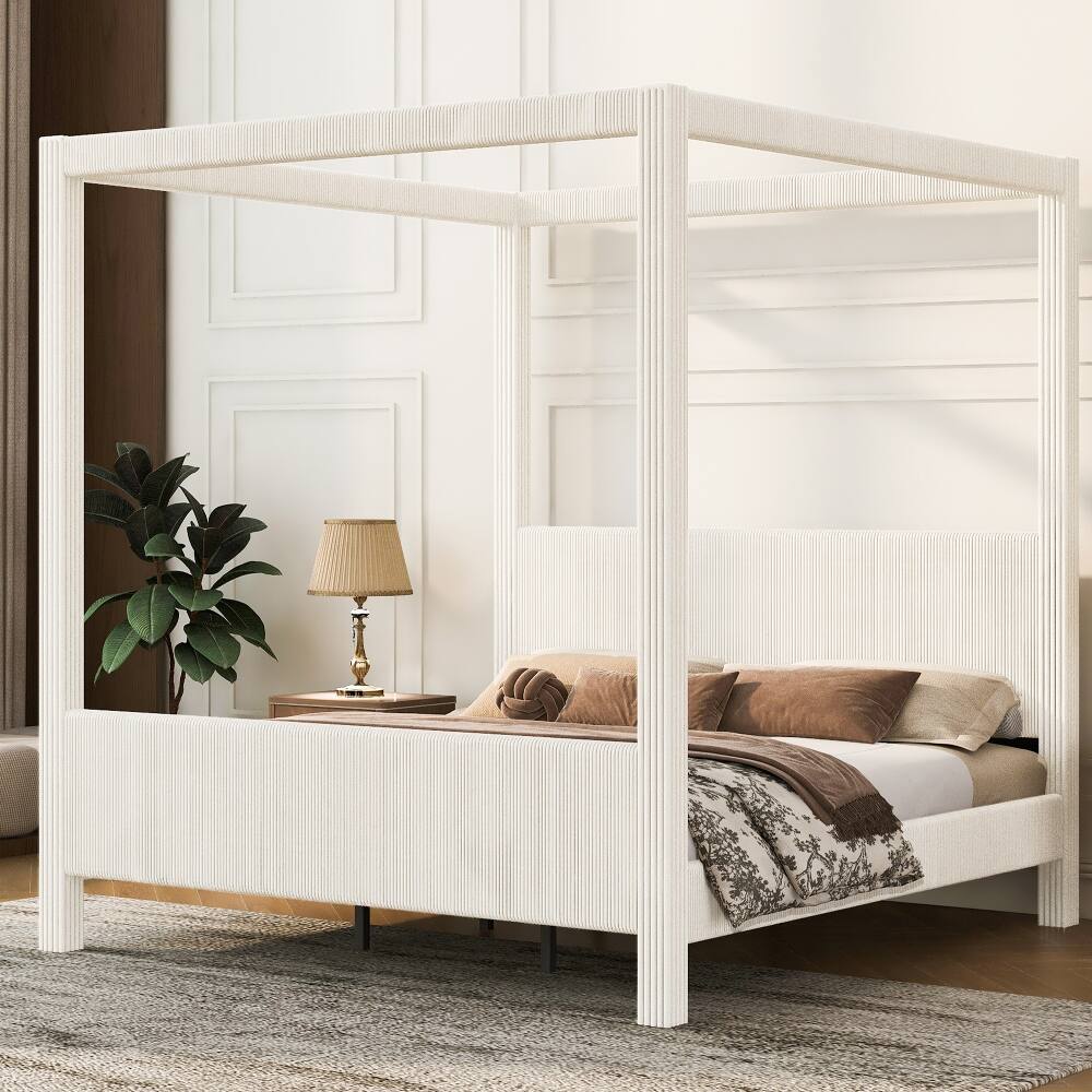 Angle. Loheer - Loheer King Size Canopy Bed Upholstered Platform Bed Corduroy Beige - Beige.