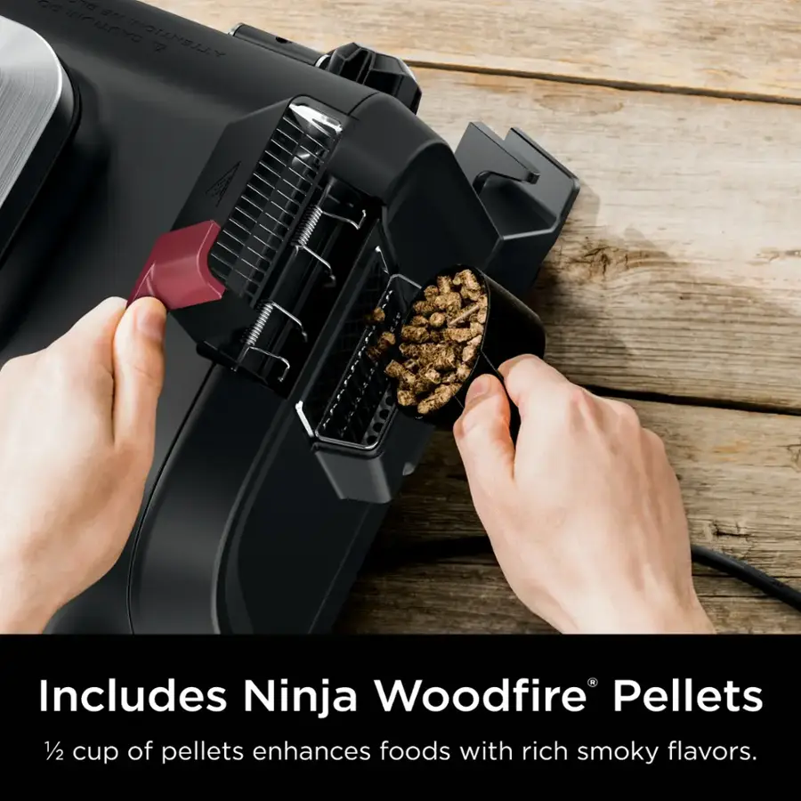 1. CAUTION: INCLUDES NINJA WOODFIRE PELLETS  1/2 cup of pellets enhances foods with rich smoky flavors.