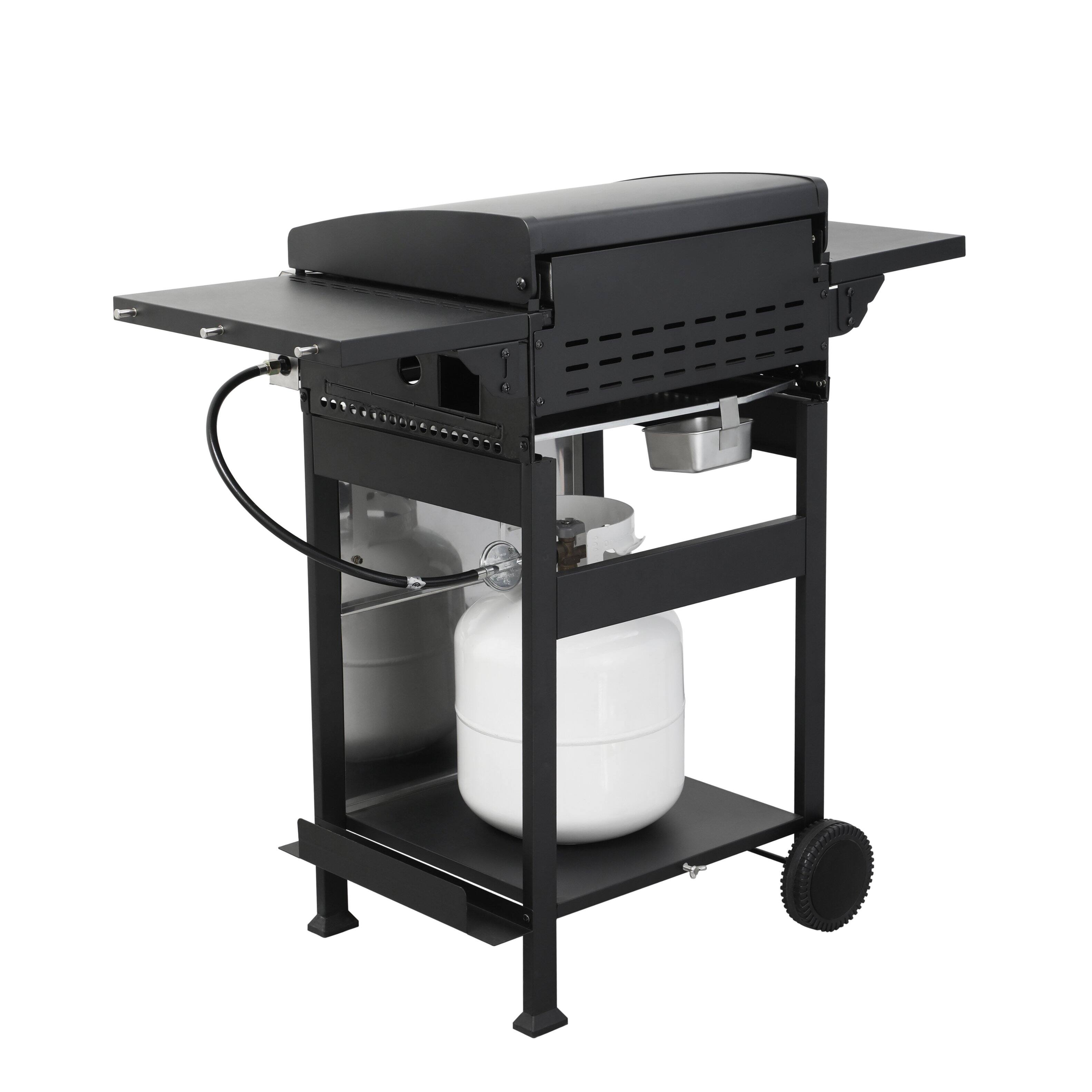 Back. COWLOWN - 3 Burner Propane Gas Grill with SS Plancha 36900 BTU Enamel Grates Foldable Side Table Hanging Basket.