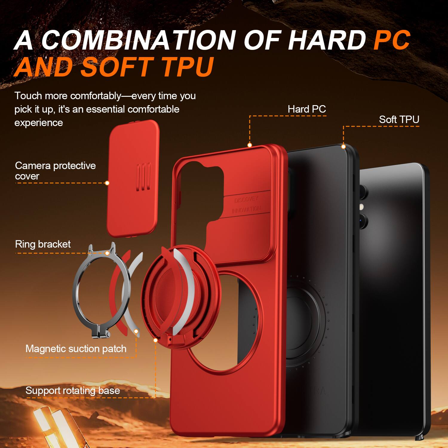A COMBINATION OF HARD PC AND SOFT TPU

Touch more comfortably—every time you pick it up, it's an essential comfortable experience

Camera protective cover
Ring bracket
Magnetic suction patch
Support rotating base

Hard PC
Soft TPU