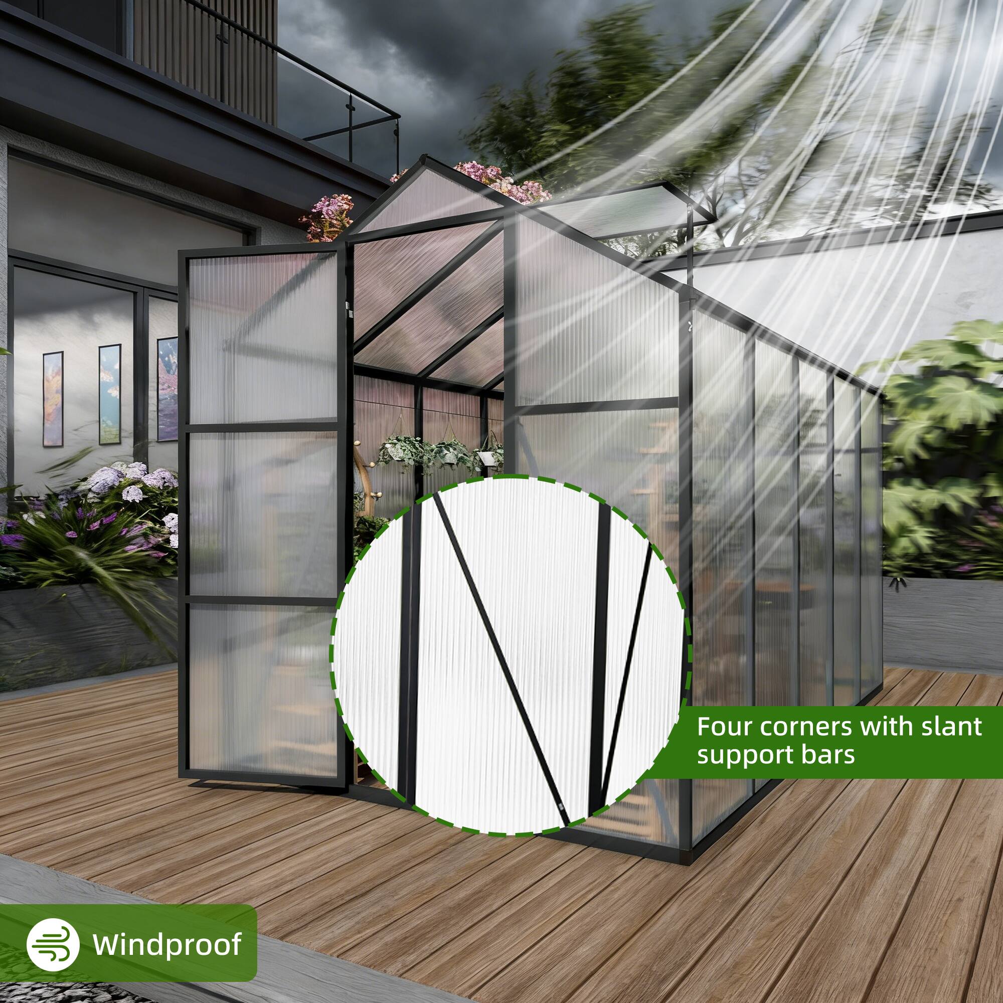 Four corners with slant support bars  
Windproof