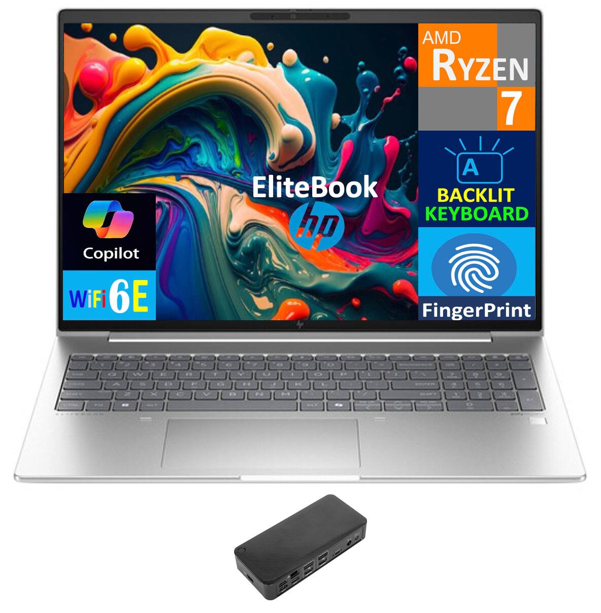 AMD Ryzen 7  
EliteBook  
Copilot  
WiFi 6E  
Backlit Keyboard  
Fingerprint