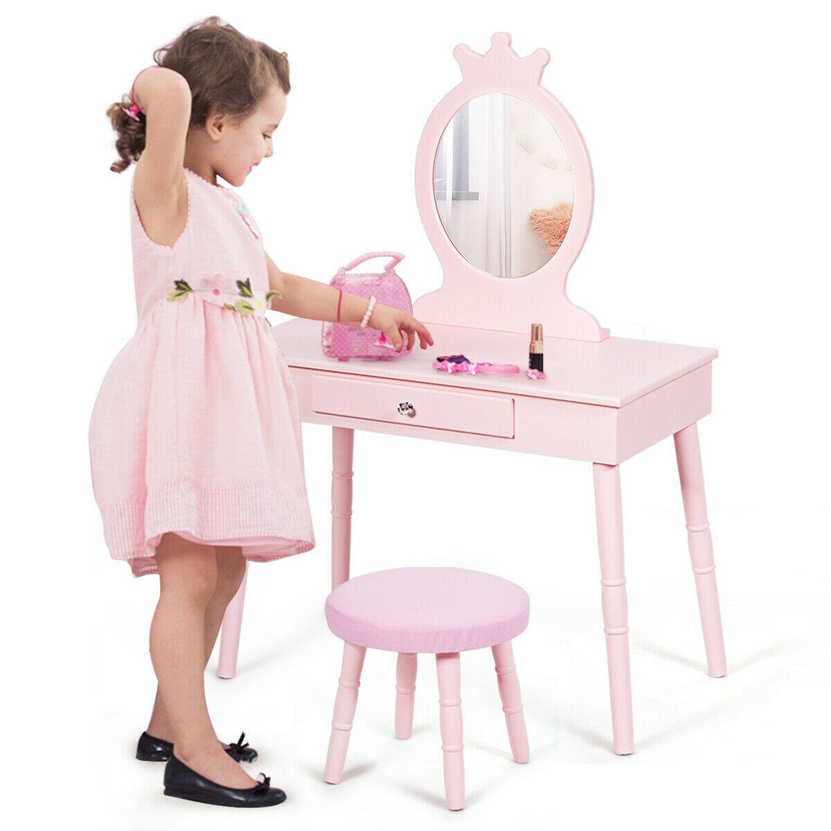 Alt View 3. Gymax - Gymax Kids Vanity Makeup Table & Chair Set Make Up Stool Play Set for Children Pink - pink.