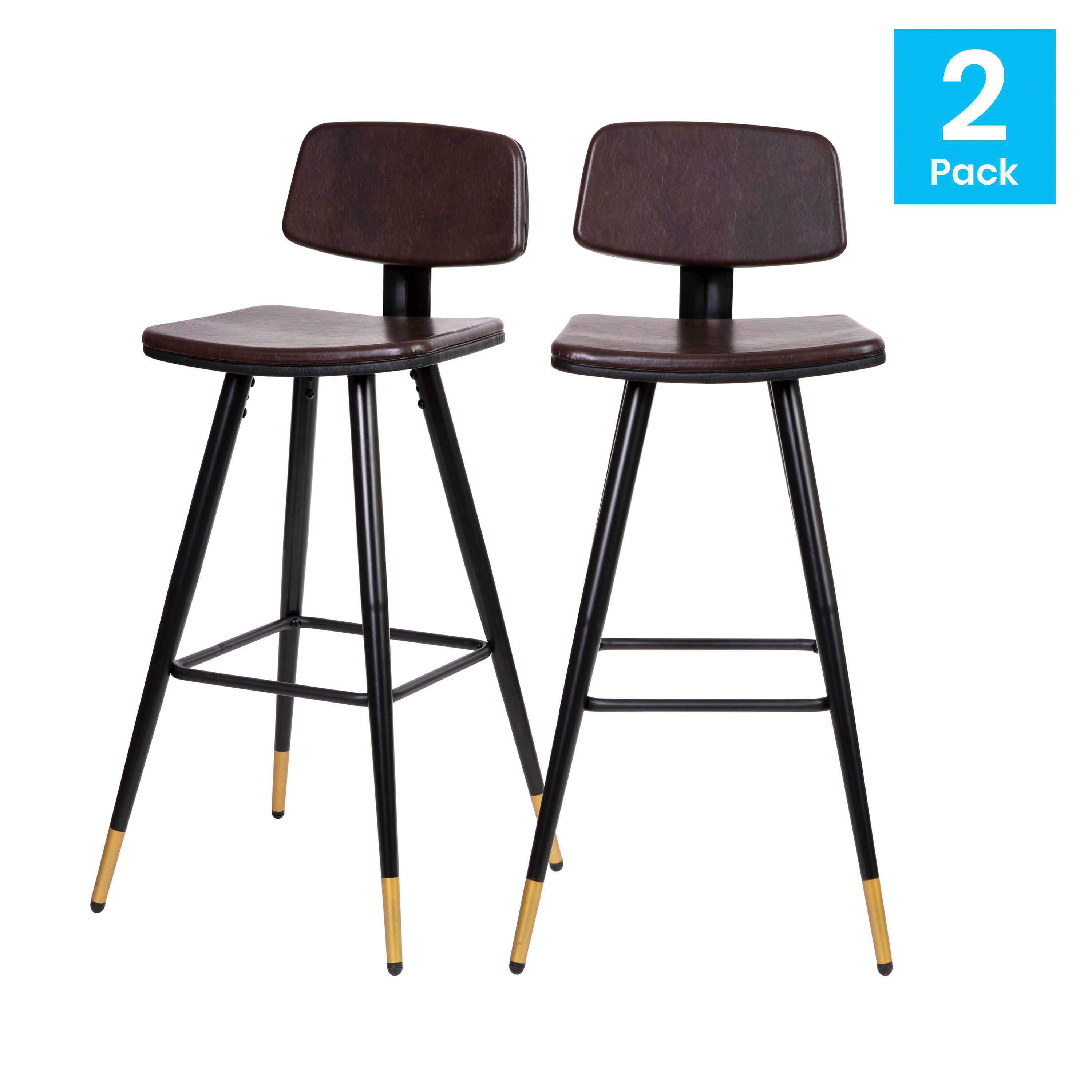 Alt View 2. Emma + Oliver - Set of 2 Commercial Grade LeatherSoft Barstools with Gold Tipped Iron Legs - Brown.