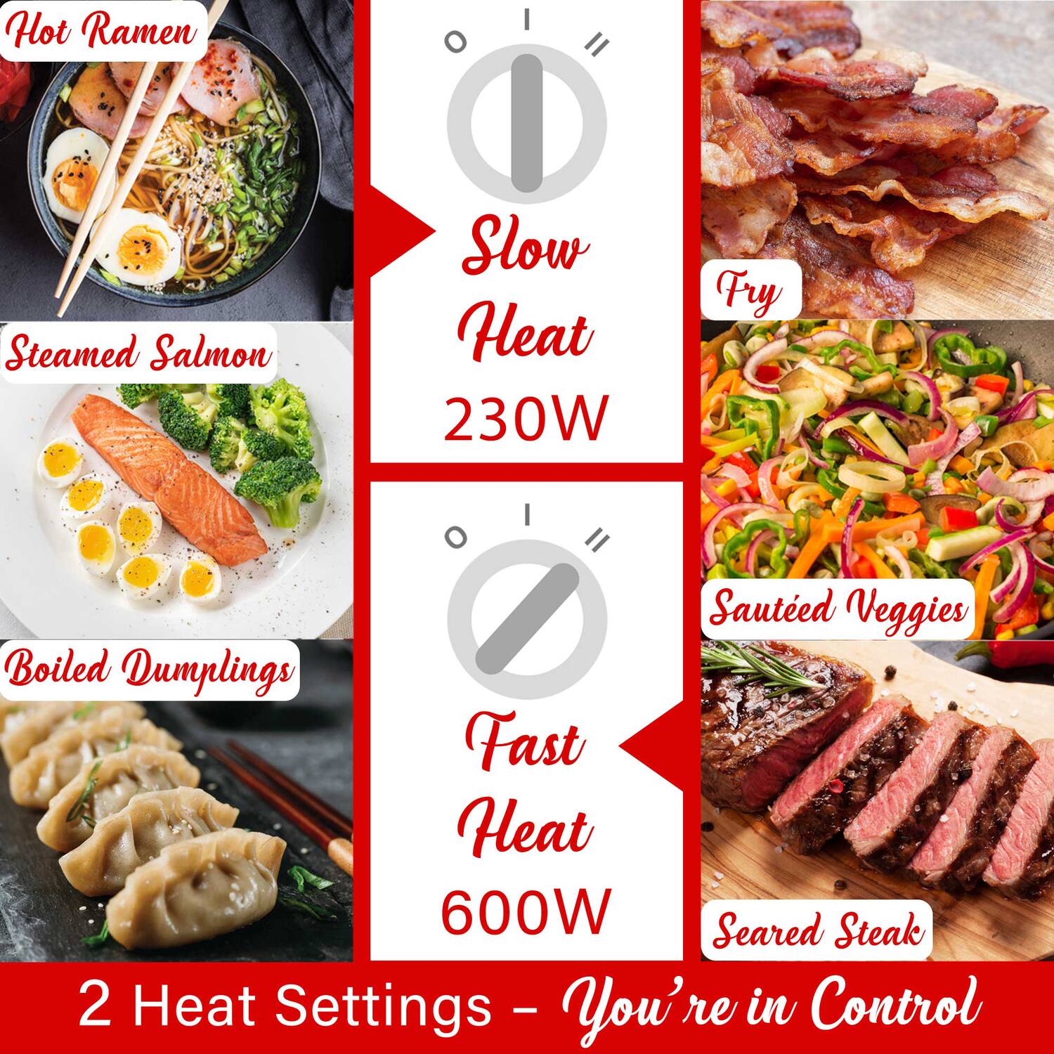 Hot Ramen  
Steamed Salmon  
Boiled Dumplings  

Slow Heat 230W  
Fast Heat 600W  

Fry  
Sautéed Veggies  
Seared Steak  

2 Heat Settings - You're in Control