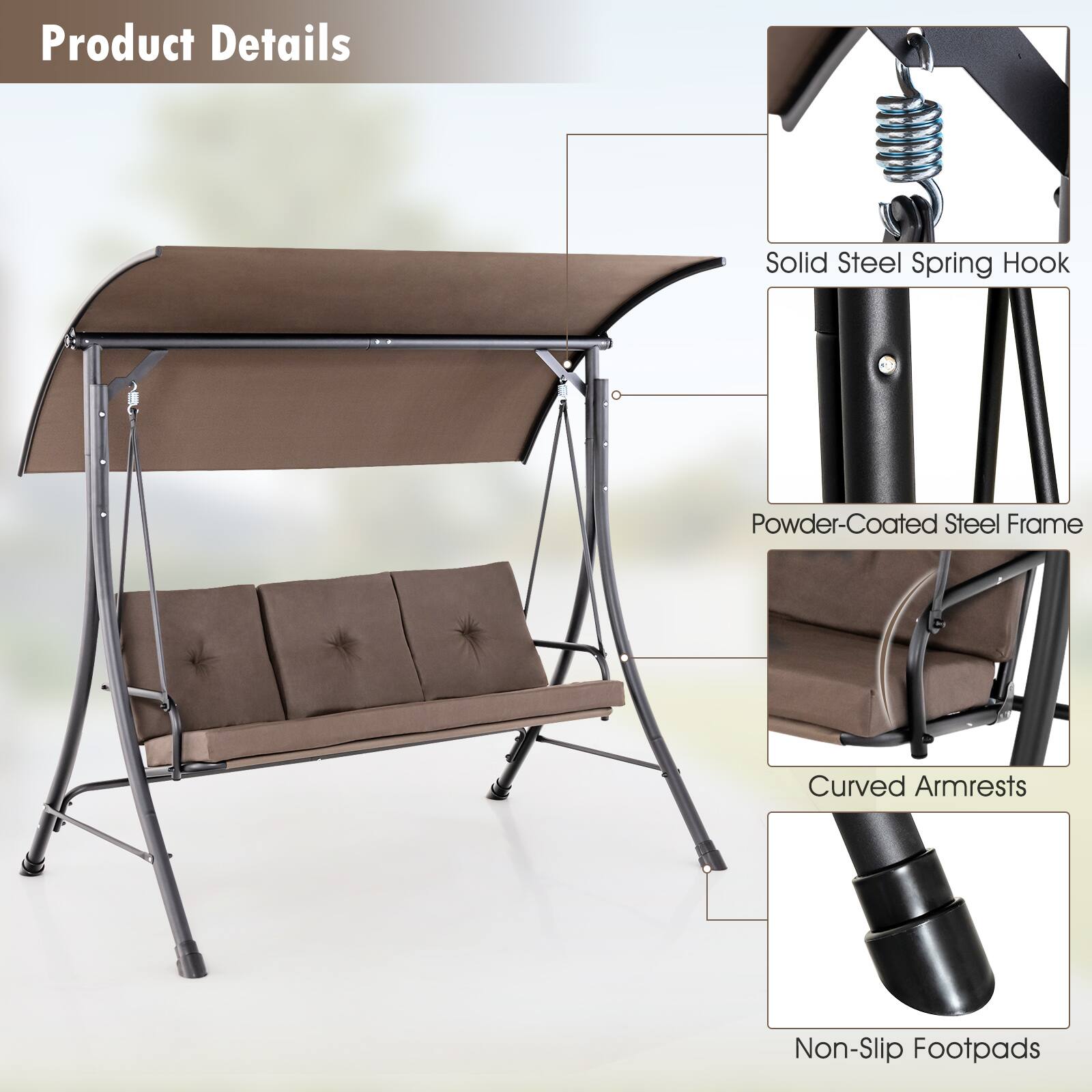 Product Details

- Solid Steel Spring Hook
- Powder-Coated Steel Frame
- Curved Armrests
- Non-Slip Footpads