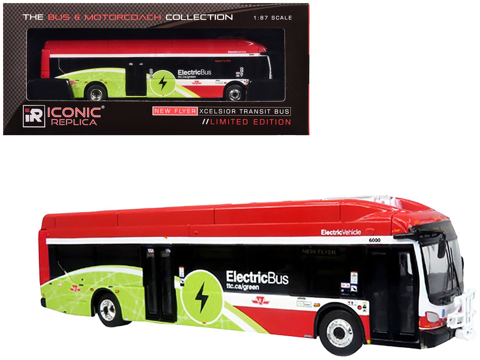 THE BUS & MOTORCOACH COLLECTION  
1:87 SCALE  

ICONIC REPLICA  

NEW FLYER XCELSIOR TRANSIT BUS  
//LIMITED EDITION  

ElectricBus  
ttc.ca/green  

ElectricVehicle  
6000  

NEW FLYER