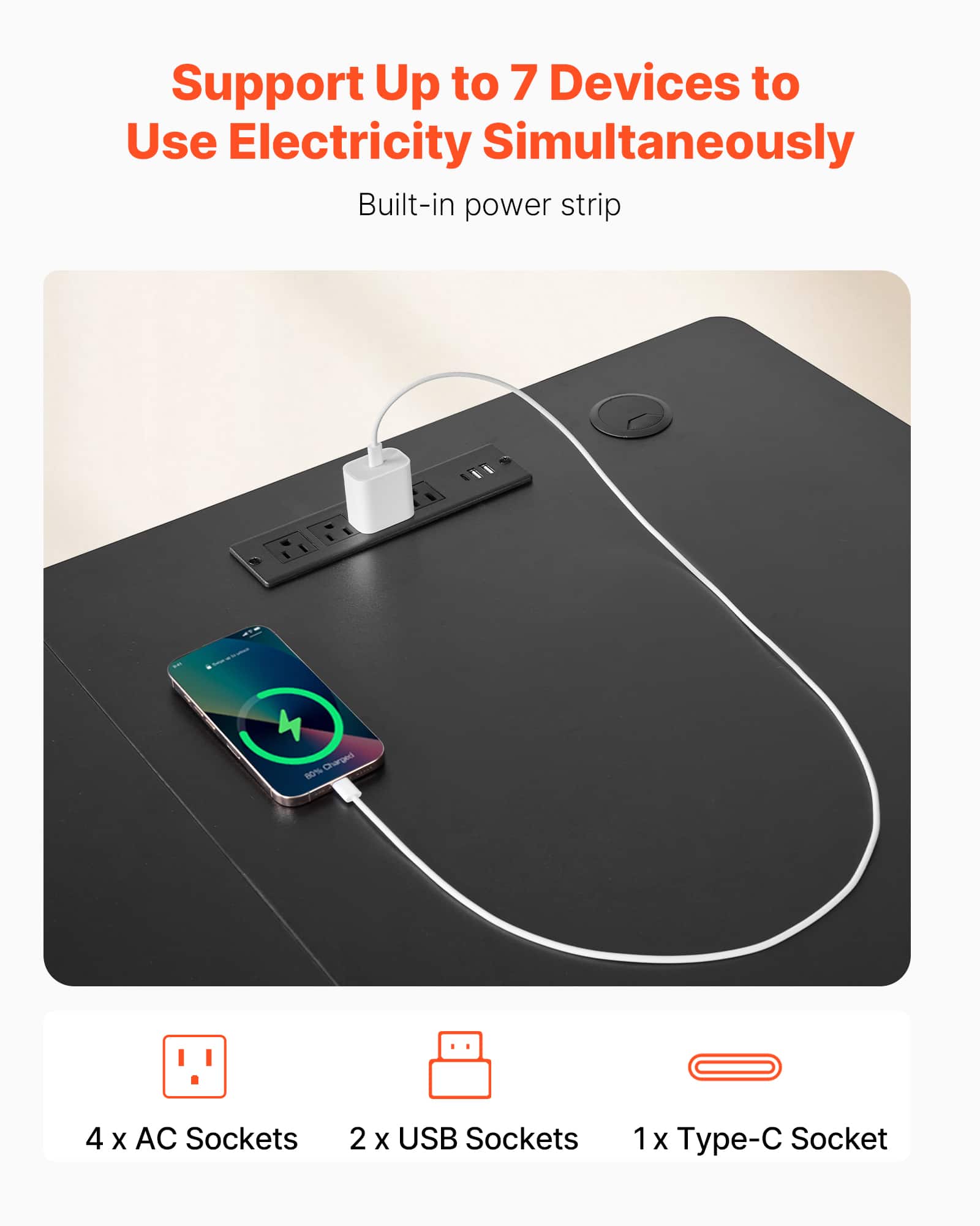 Support Up to 7 Devices to Use Electricity Simultaneously Built-in power strip 4 X AC Sockets 2 X USB Sockets 1 X Type-C Socket Charged 80%