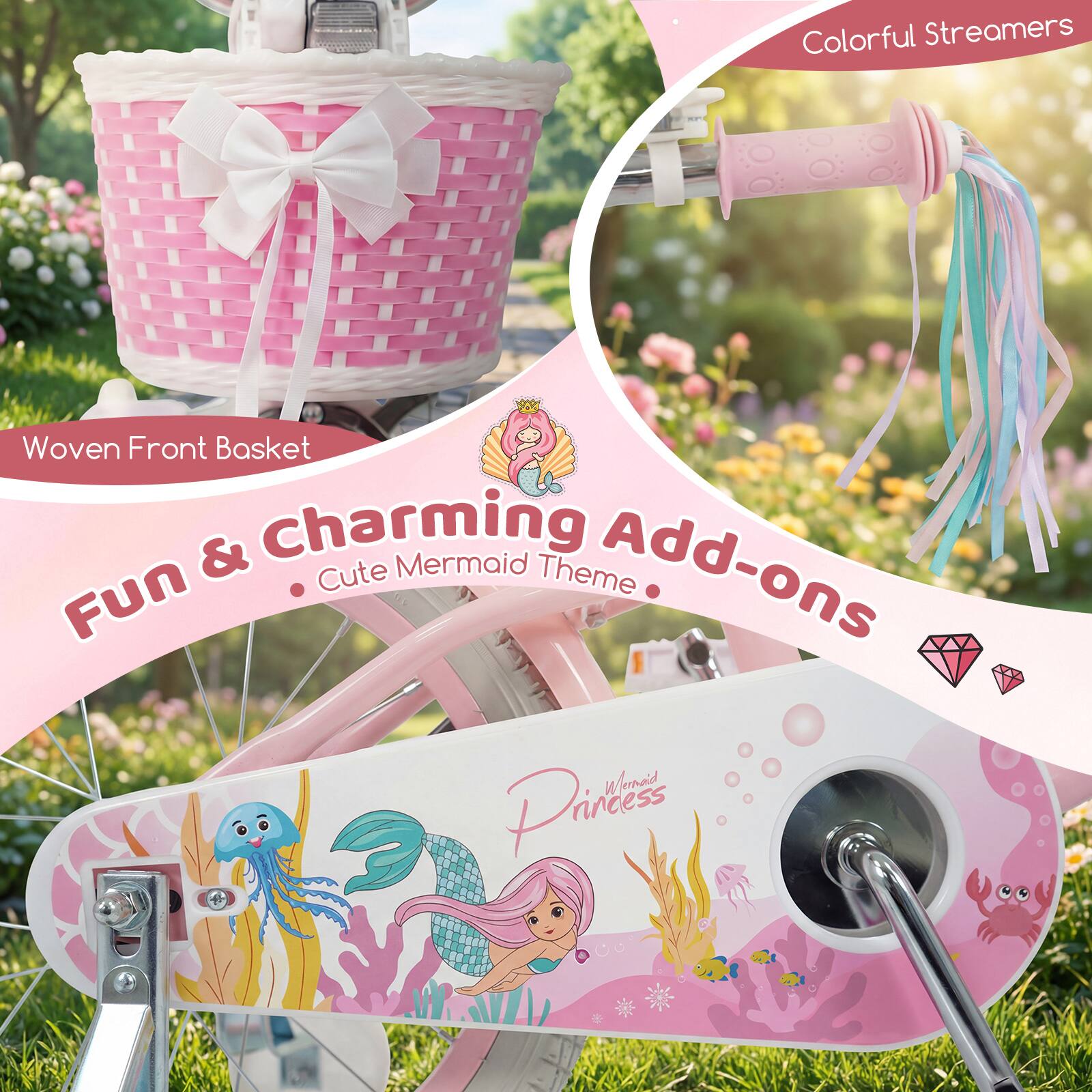 Colorful Streamers  
Woven Front Basket  
Fun & Charming Add-ons  
Cute Mermaid Theme