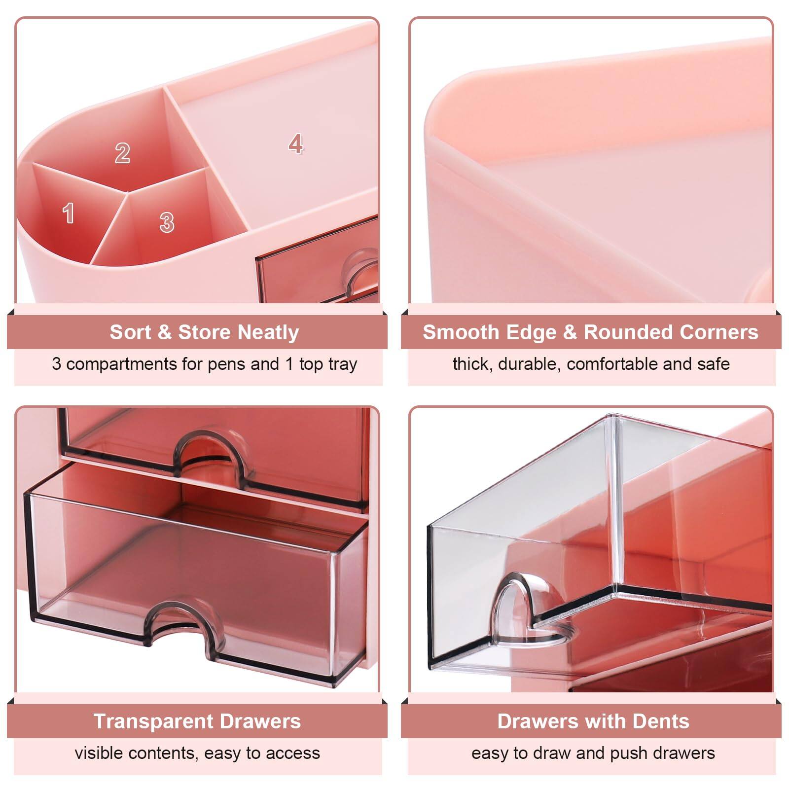 Sure, here is the corrected and grouped text from the image:

---

**Sort & Store Neatly**  
3 compartments for pens and 1 top tray

**Smooth Edge & Rounded Corners**  
thick, durable, comfortable and safe

**Transparent Drawers**  
visible contents, easy to access

**Drawers with Dents**  
easy to draw and push drawers

---

This text is organized to match the sections in the image.