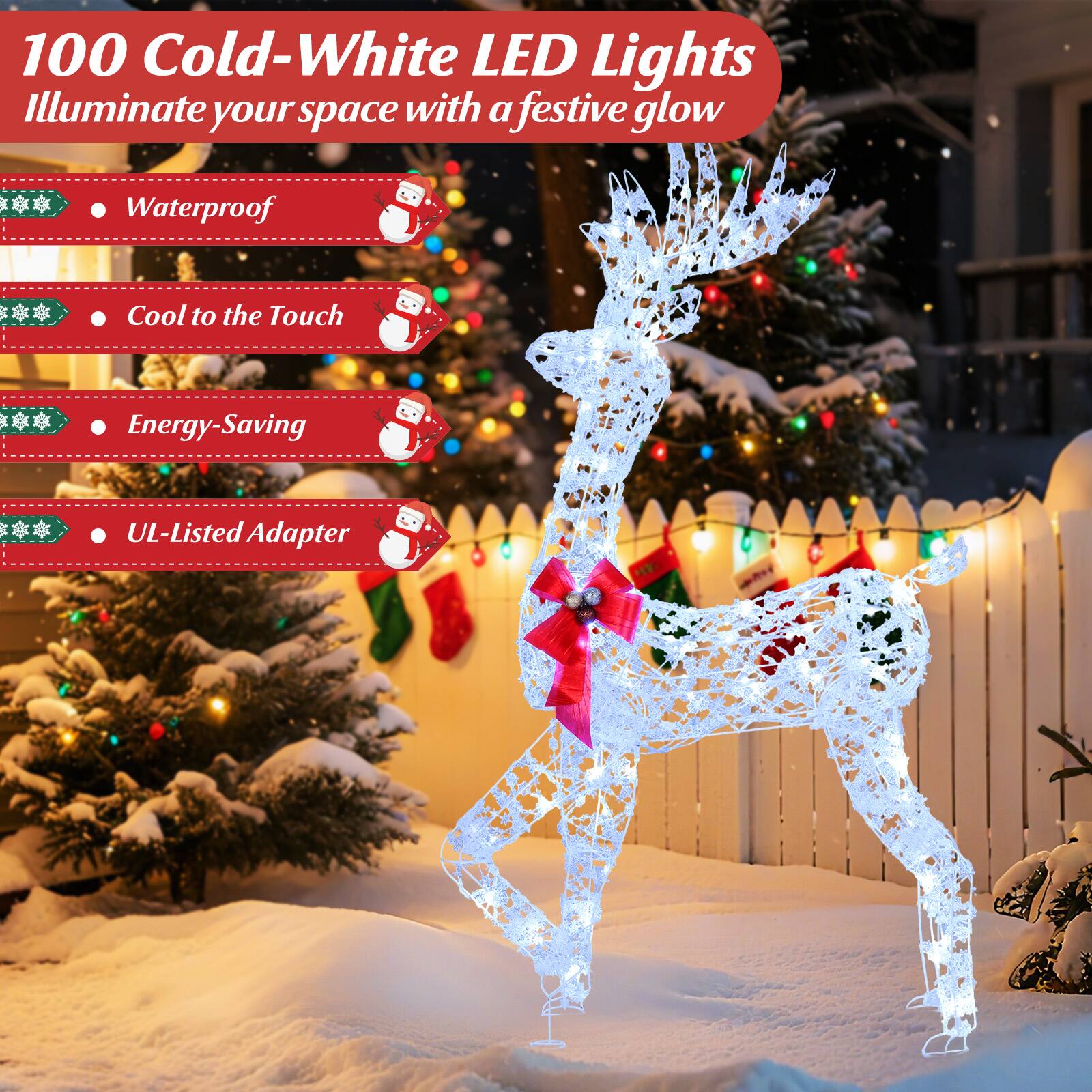 100 Cold-White LED Lights  
Illuminate your space with a festive glow  

- Waterproof  
- Cool to the Touch  
- Energy-Saving  
- UL-Listed Adapter