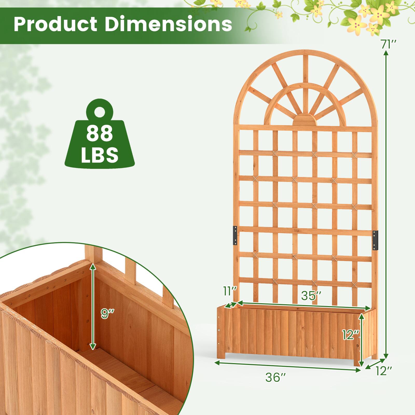 Product Dimensions: 71" H x 36" W x 11" D  
Weight: 88 LBS  
Inner Dimensions: 9" H x 35" W x 12" D