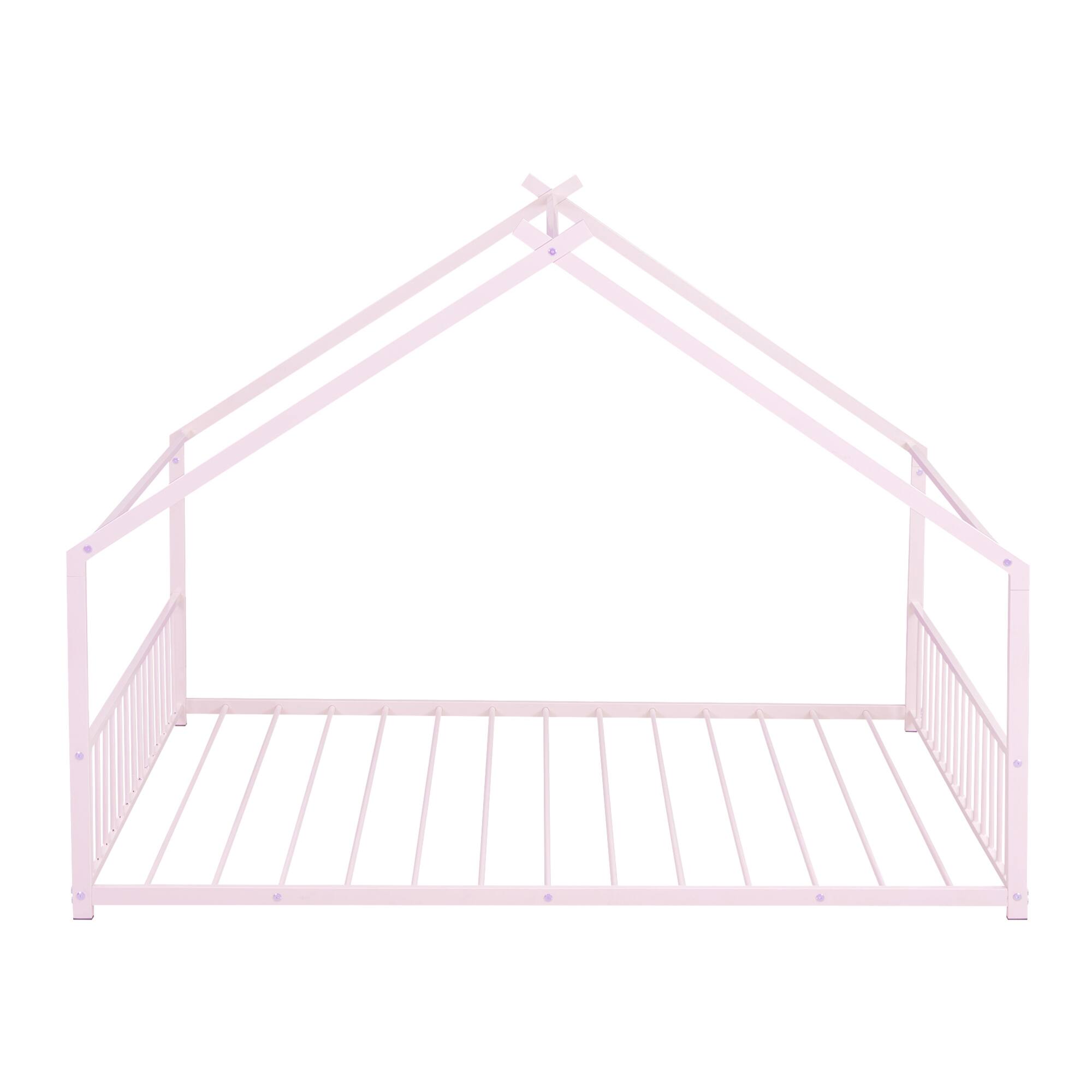 Left. GOODSILO - Full Size Metal House Bed with Playhouse Roof Design for Kids Room Furniture and Sleep Space - Pink.