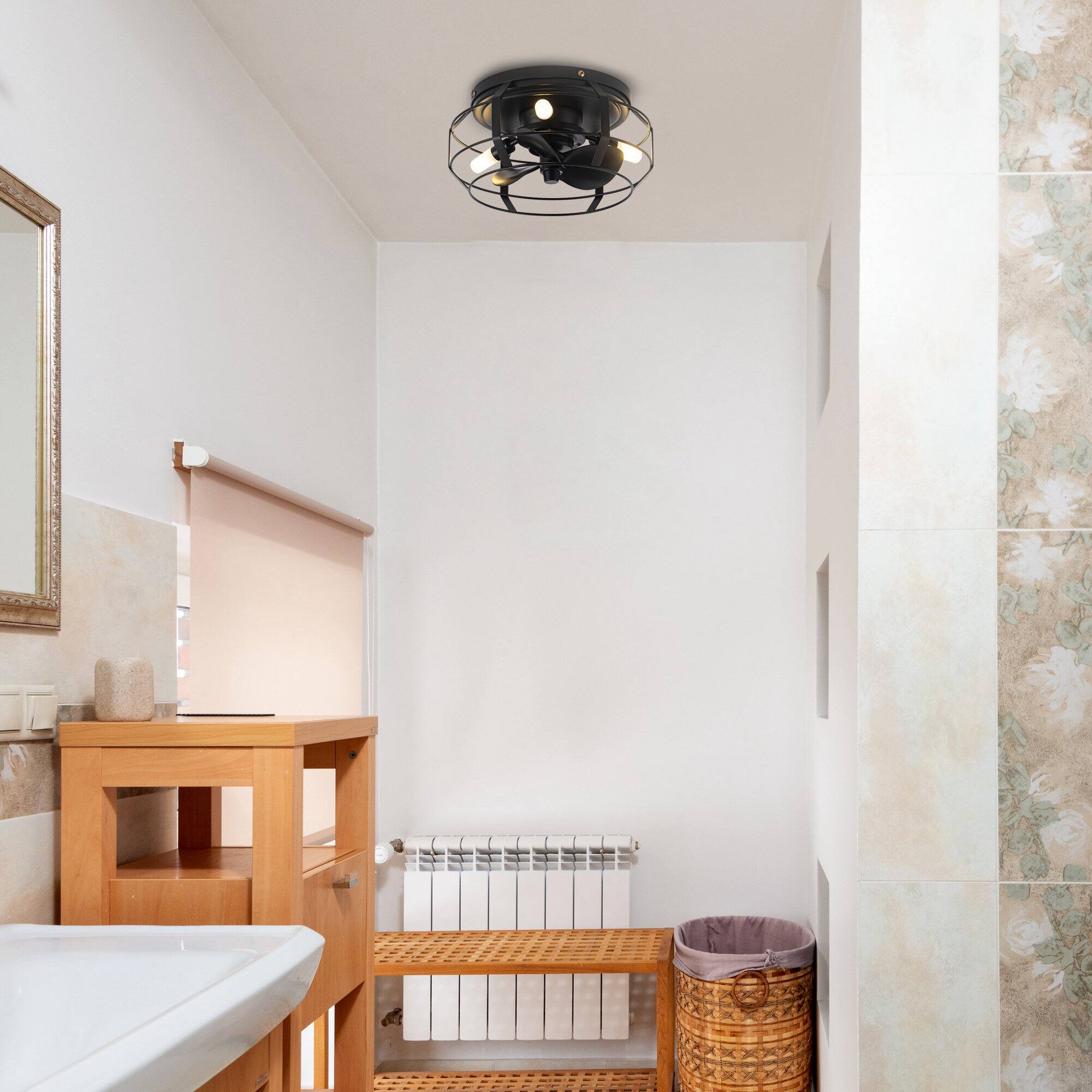 Back. Parrot Uncle - Industrial 3-Light Metal Caged Low Profile Ceiling Fan with Light Black - Remote - Black.