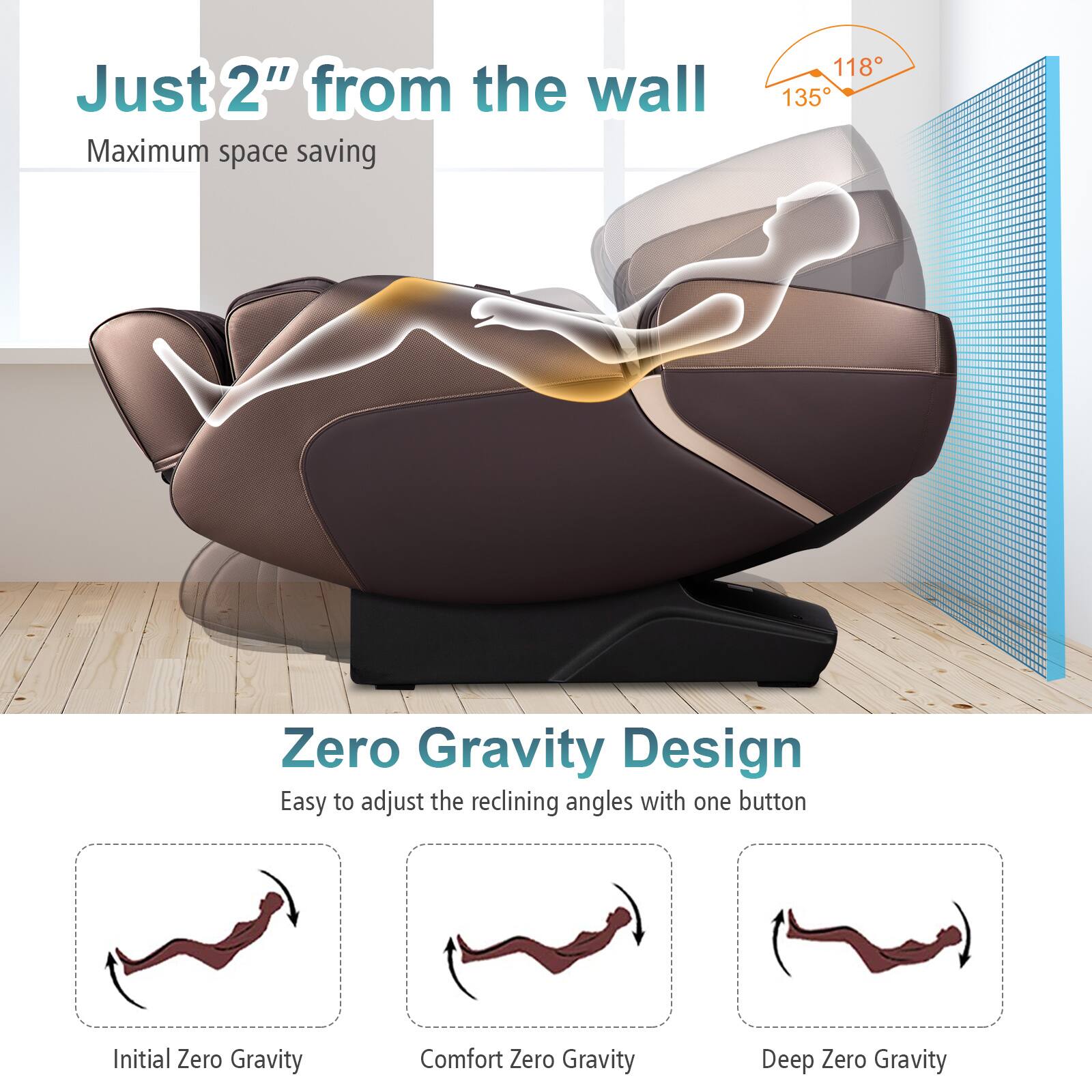 Just 2" from the wall  
Maximum space saving  

Zero Gravity Design  
Easy to adjust the reclining angles with one button  

Initial Zero Gravity  
Comfort Zero Gravity  
Deep Zero Gravity  

118°  
135°