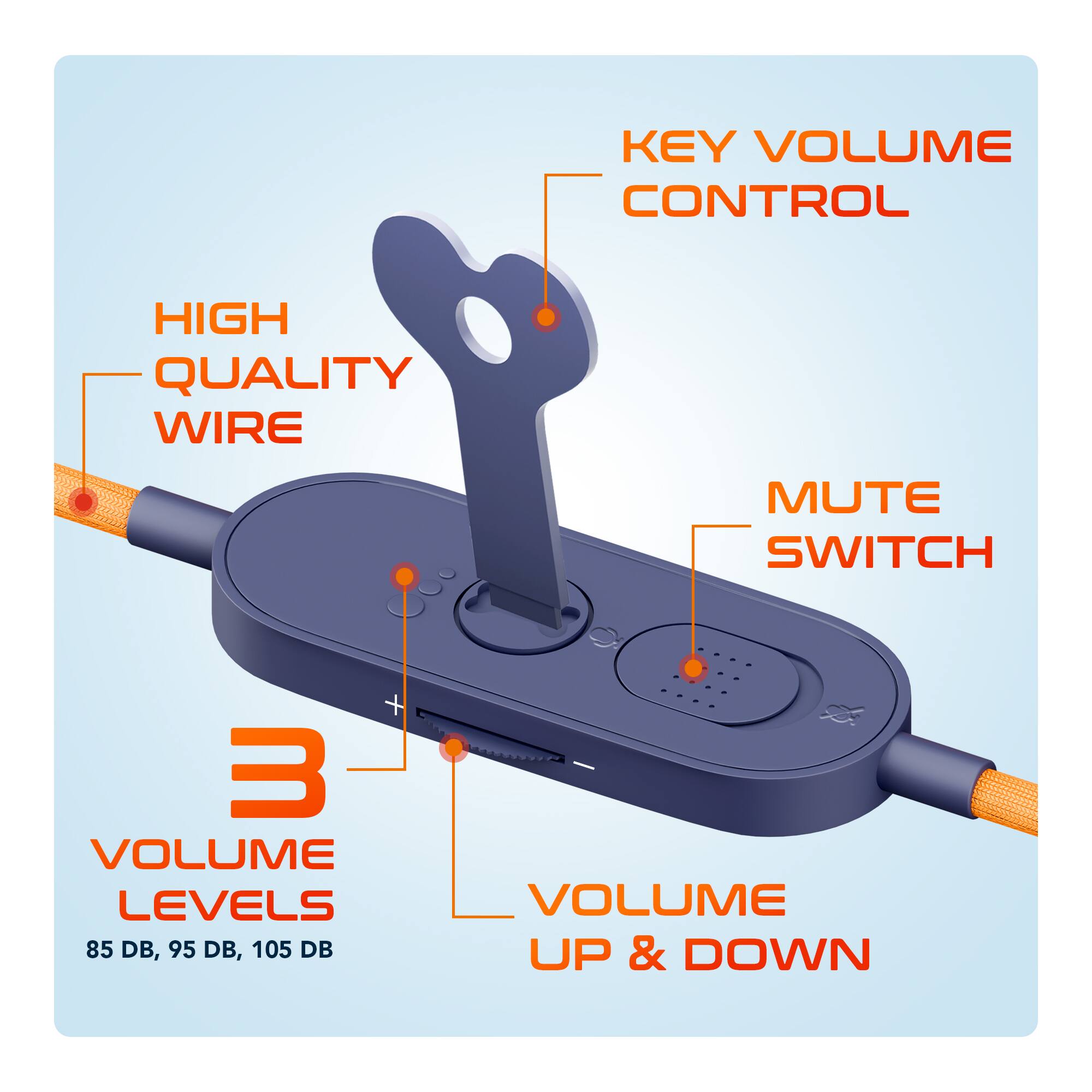 - Key Volume Control
- High Quality Wire
- Mute Switch
- 3 Volume Levels (85 dB, 95 dB, 105 dB)
- Volume Up & Down