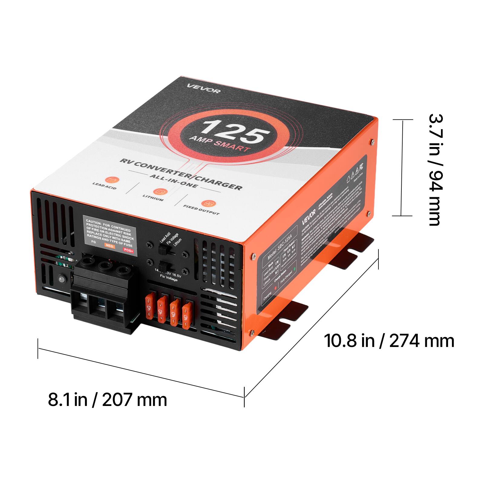 VEVOR AMP 125 SMART RV CONVERTER ALL-IN-ONE CHARGER COLO LEAD ACID LITHIUM

VEVOR PROTECTION

CAUTION: FOR CONTINUED USE OF FIRE RISK RATINGS ONLY

BITH SHOCK

NEG FUSE POS+

16.5k

Vobage

3.7 in / 94 mm

10.8 in / 274 mm

8.1 in / 207 mm