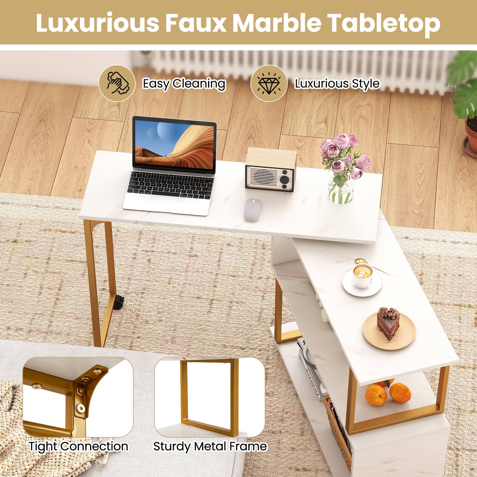 Luxurious Faux Marble Tabletop

- Easy Cleaning
- Luxurious Style
- Tight Connection
- Sturdy Metal Frame