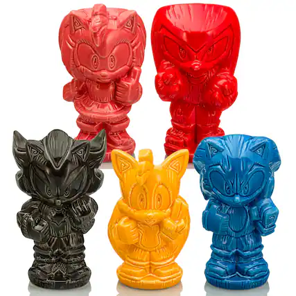 Front. ThinkGeek - Geeki Tikis Sonic The Hedgehog 5-Piece Ceramic Mug Set | Each Holds 10-18 Ounces - Assorted.