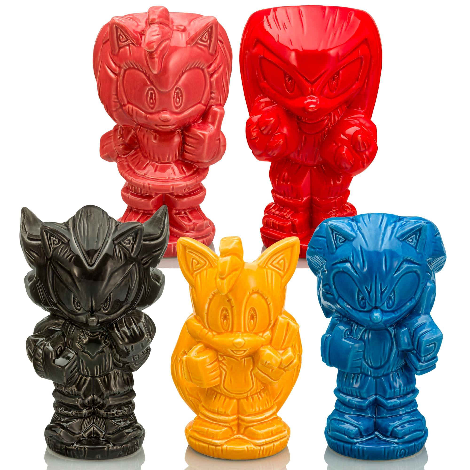 Front. ThinkGeek - Geeki Tikis Sonic The Hedgehog 5-Piece Ceramic Mug Set | Each Holds 10-18 Ounces - Assorted.