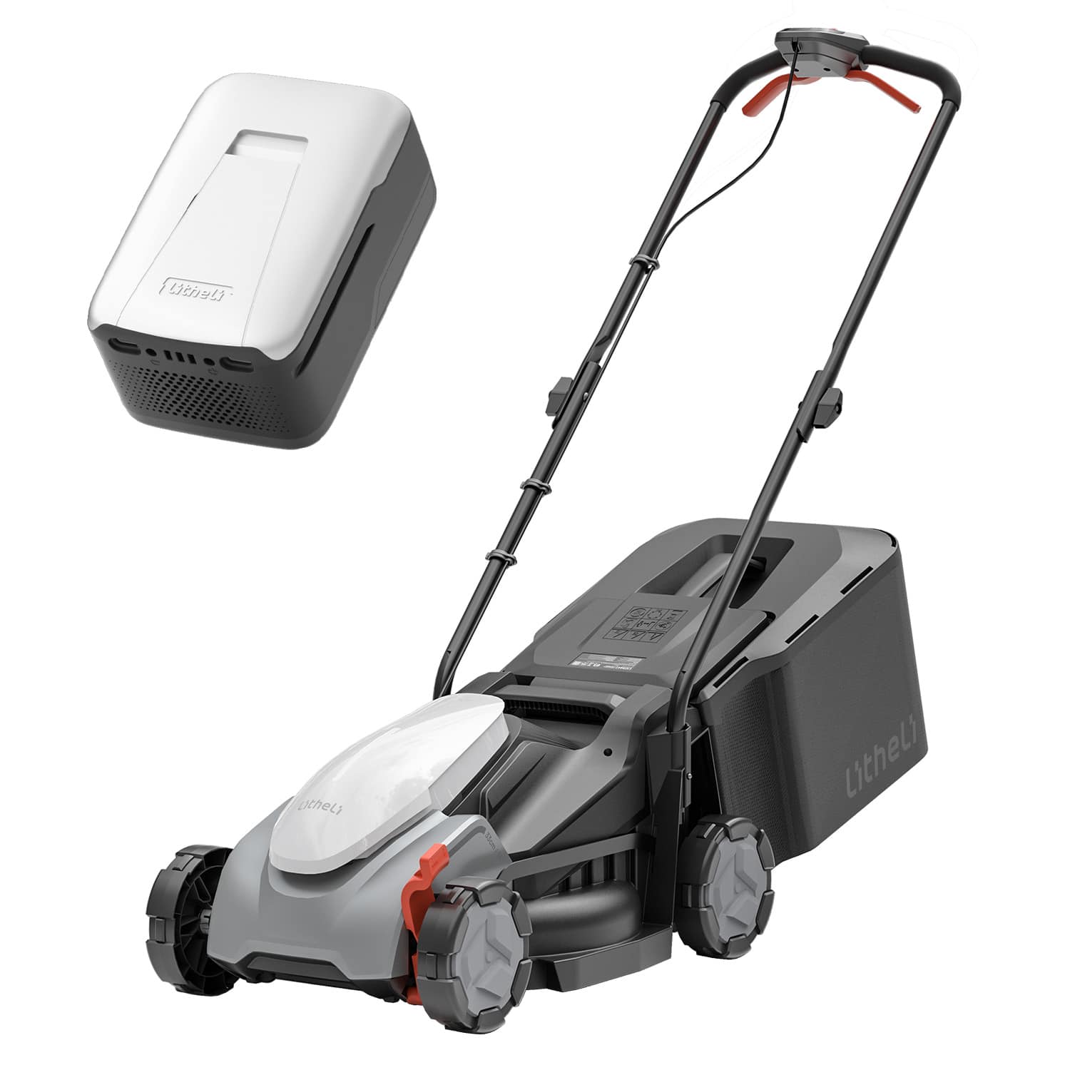 Litheli - 14" Cordless Lawn Mower, 8.0Ah High Capacity Battery, Brushless Motor Push Mower, 5 Height Adjustments, 9 Gal Ba - black，white
