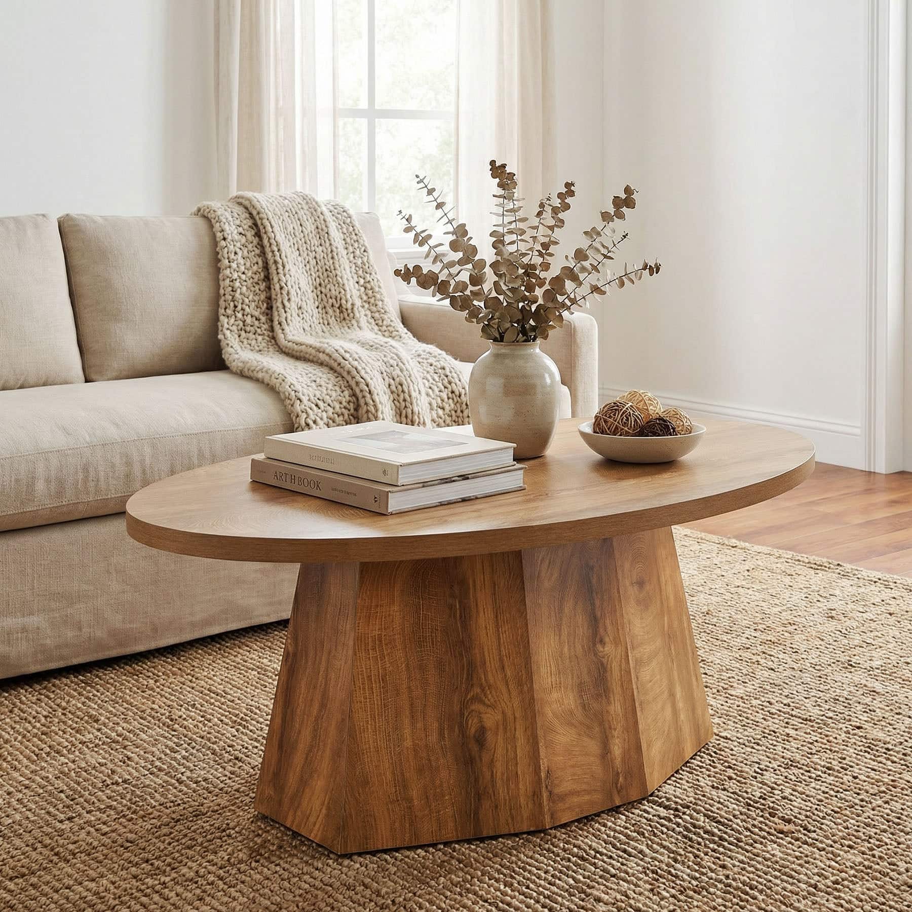 Tribesigns - Coffee Table with Engineered Wood Construction, Pedestal Base and Oval Top for Living Room - Brown