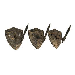 Zeckos - Cast Iron Sword & Shield Decorative Wall Hooks Towel Hanging Set of 3 - Bronze
