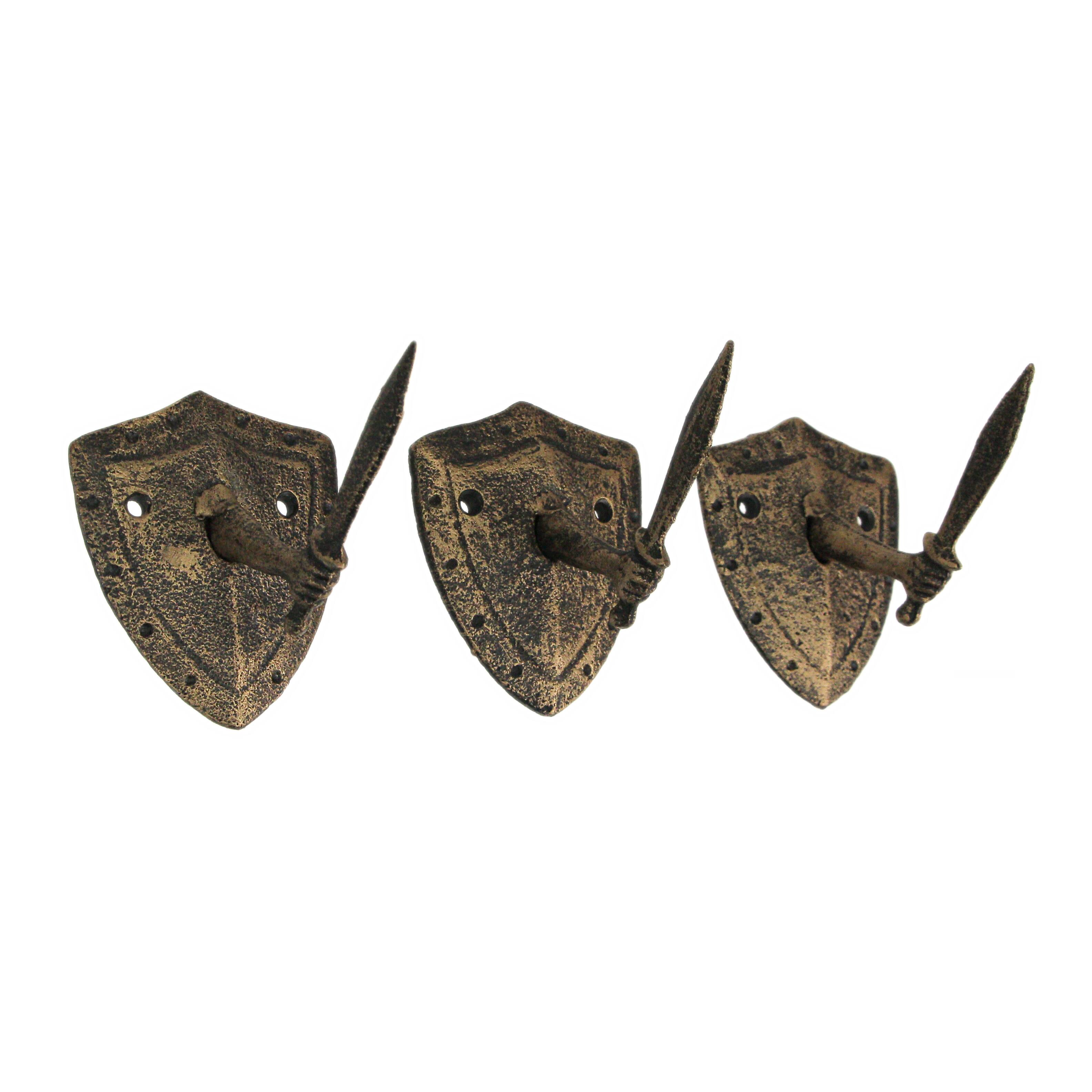 Front. Zeckos - Cast Iron Bronze Sword & Shield Decorative Wall Hooks Towel Hanging Set of 3 - Bronze.