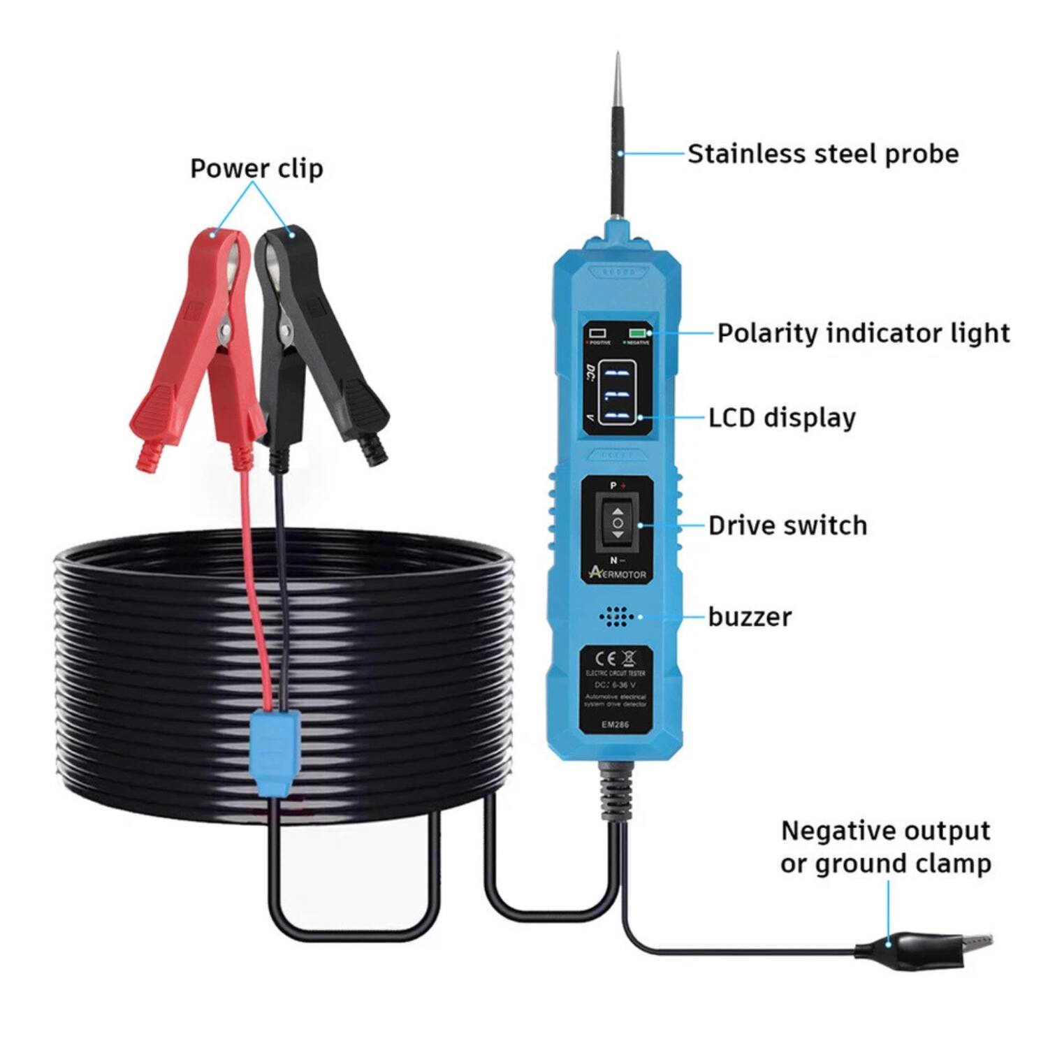 - Power clip
- Stainless steel probe
- Polarity indicator light
- LCD display
- Drive switch
- Buzzer
- Negative output or ground clamp