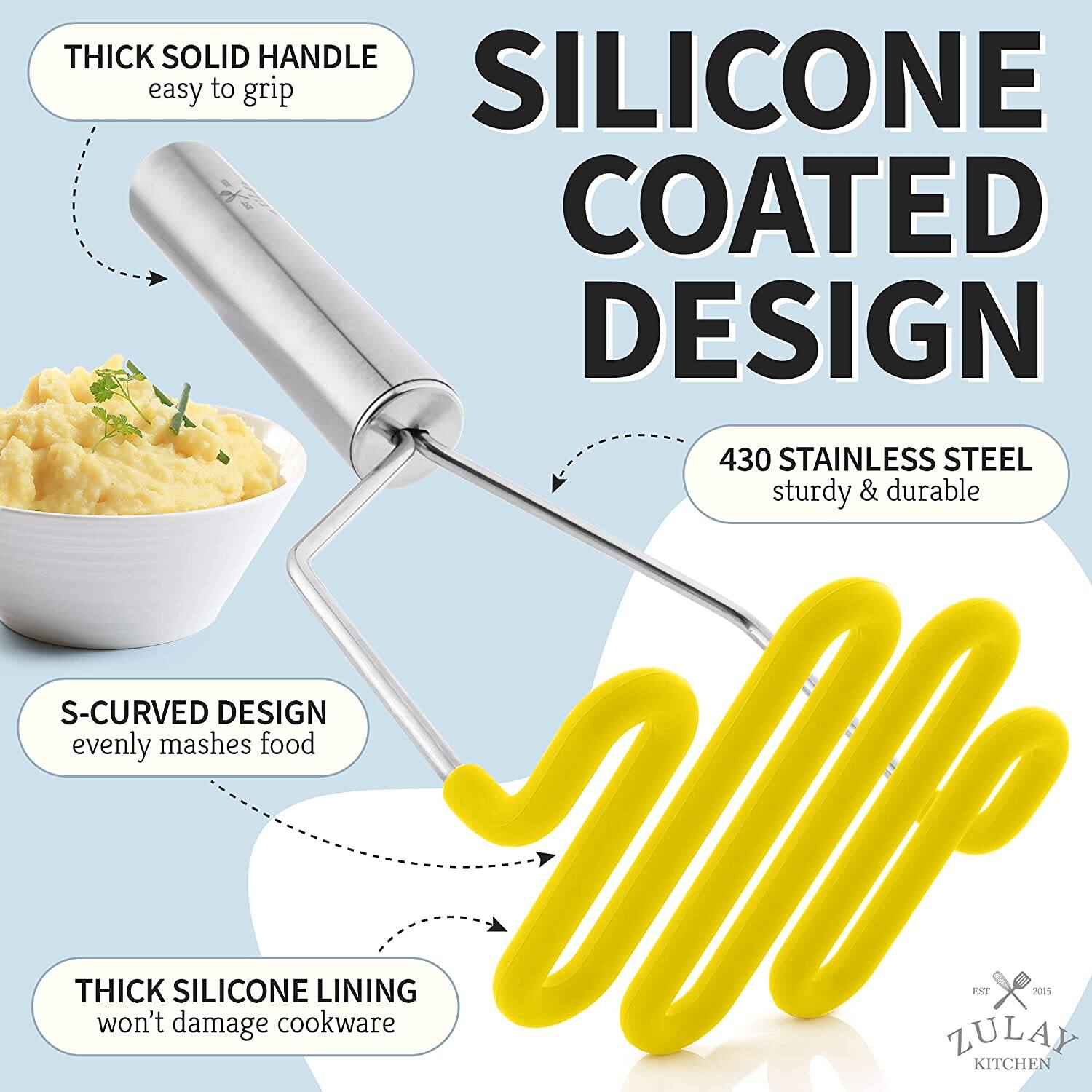 THICK SOLID HANDLE easy to grip, SILICONE COATED DESIGN, 430 STAINLESS STEEL sturdy & durable, S-CURVED DESIGN evenly mashes food, THICK SILICONE LINING won't damage cookware, ZULAY KITCHEN EST 2015