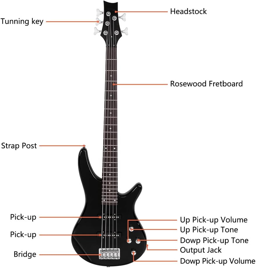 Tuning key  
Headstock  
Rosewood Fretboard  
Strap Post  
Pick-up  
Pick-up  
Bridge  
Up Pick-up Volume  
Up Pick-up Tone  
Down Pick-up Tone  
Output Jack  
Down Pick-up Volume