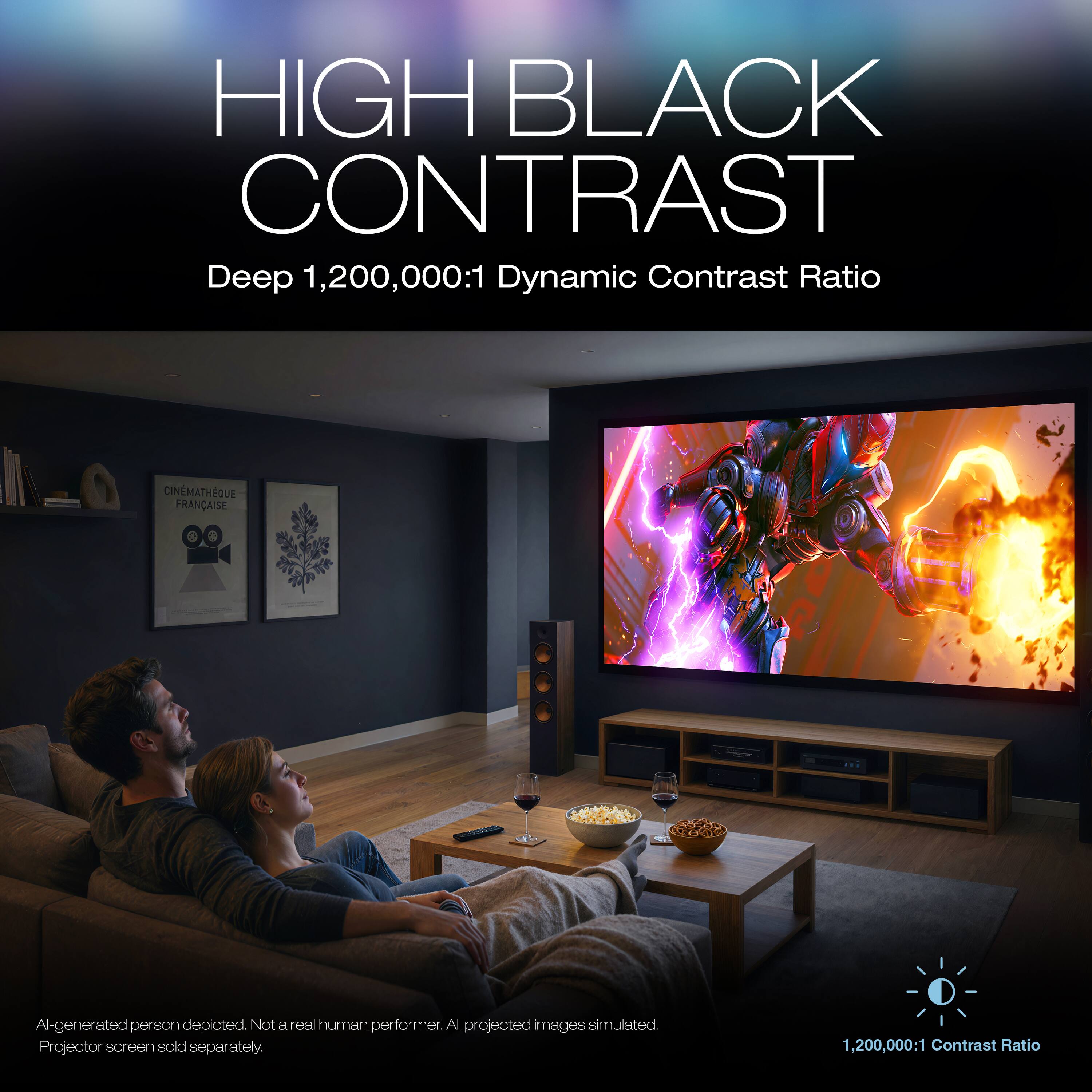HIGH BLACK CONTRAST  
Deep 1,200,000:1 Dynamic Contrast Ratio

CINÉMATHÈQUE FRANÇAISE

AI-generated person depicted. Not a real human performer. All projected images simulated. Projector screen sold separately.

1,200,000:1 Contrast Ratio