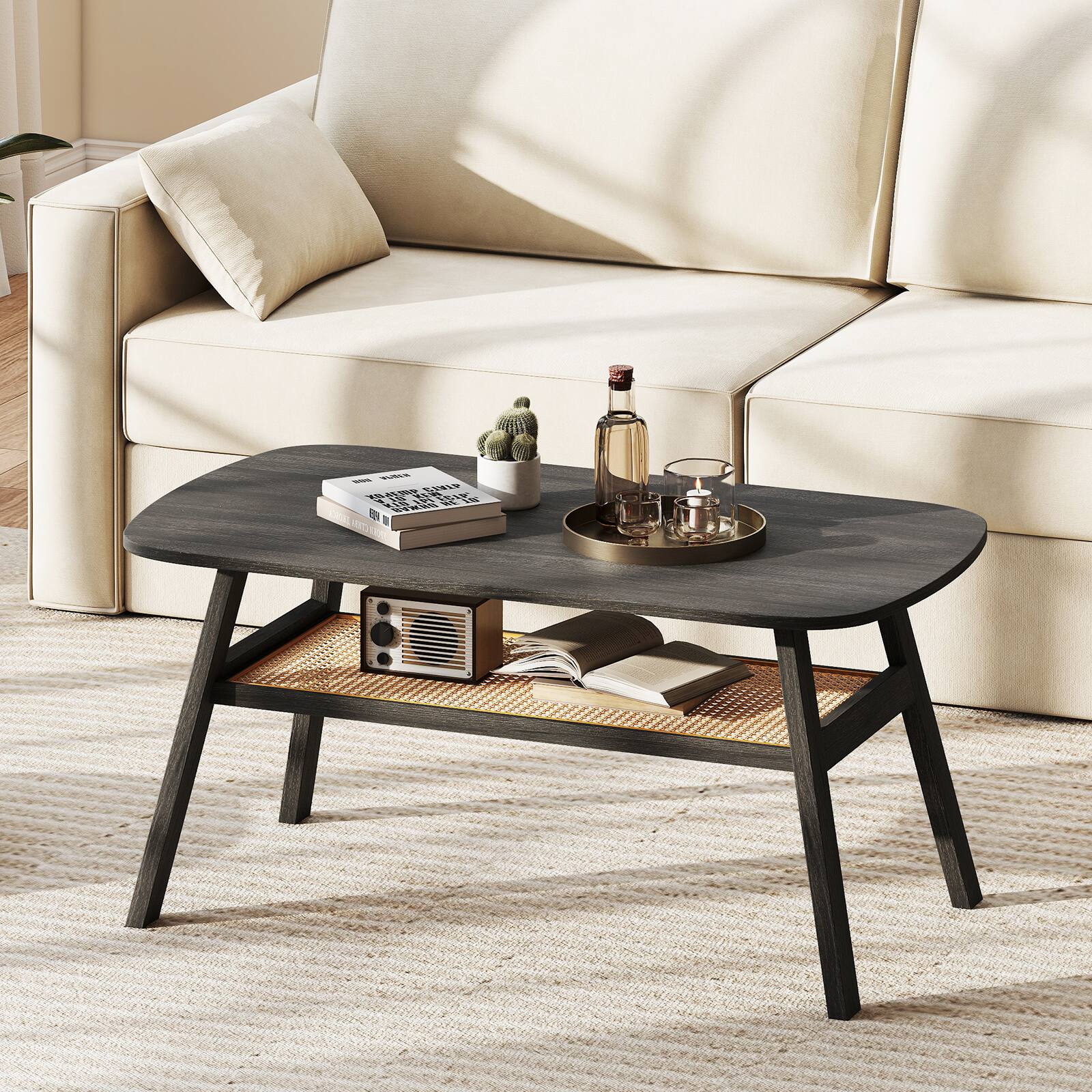 Alt View 3. Gymax - Gymax 2-Tier Coffee Table w/ Rattan Storage Shelf & Rubber Wood Legs for Living Room - Dark Gray, Natural.