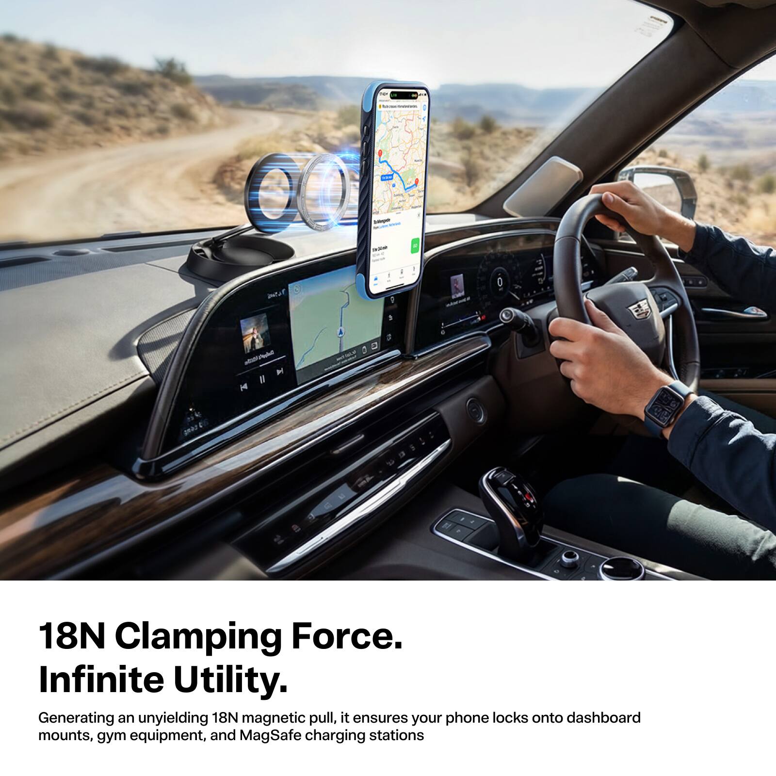 18N Clamping Force. Infinite Utility.  
Generating an unyielding 18N magnetic pull, it ensures your phone locks onto dashboard mounts, gym equipment, and MagSafe charging stations