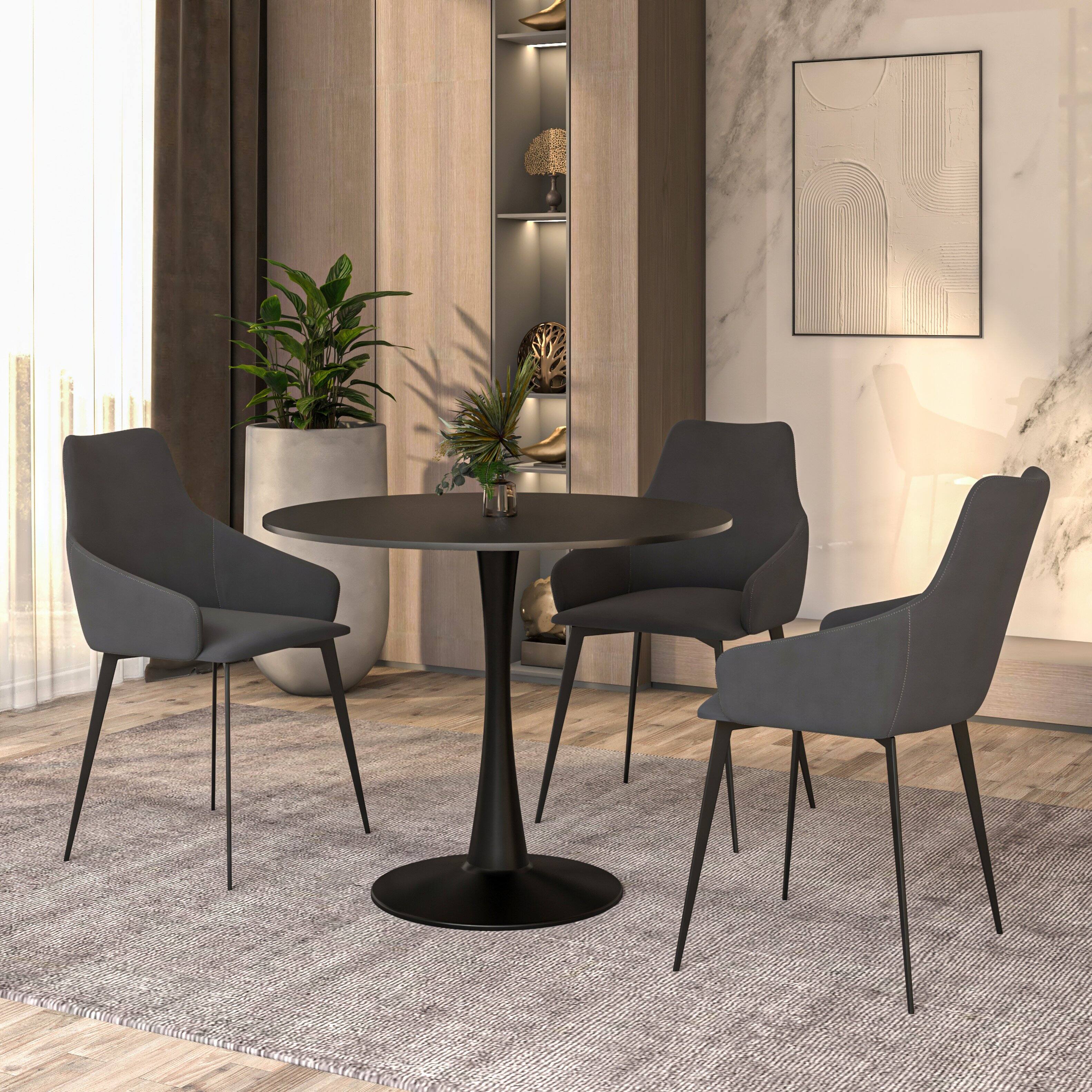Angle. LeisureMod - Bristol Contemporary 35" Round Glossy Dining Table - Minimalist Pedestal Wood & Metal Kitchen Table - MDF - Black.
