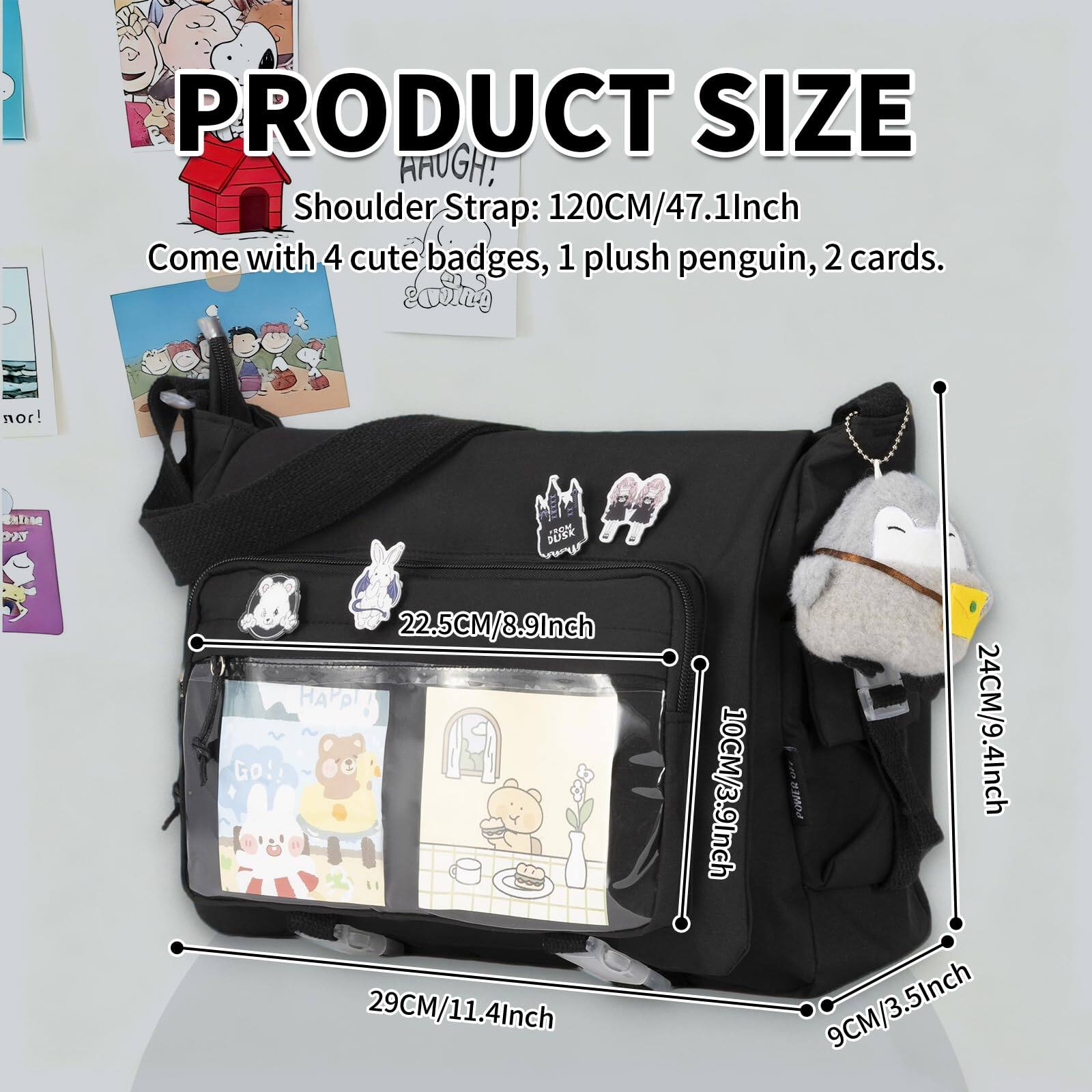 **PRODUCT SIZE**

- Shoulder Strap: 120CM/47.1Inch
- Come with 4 cute badges, 1 plush penguin, 2 cards.

- 29CM/11.4Inch
- 22.5CM/8.9Inch
- 24CM/9.4Inch
- 10CM/3.9Inch
- 9CM/3.5Inch