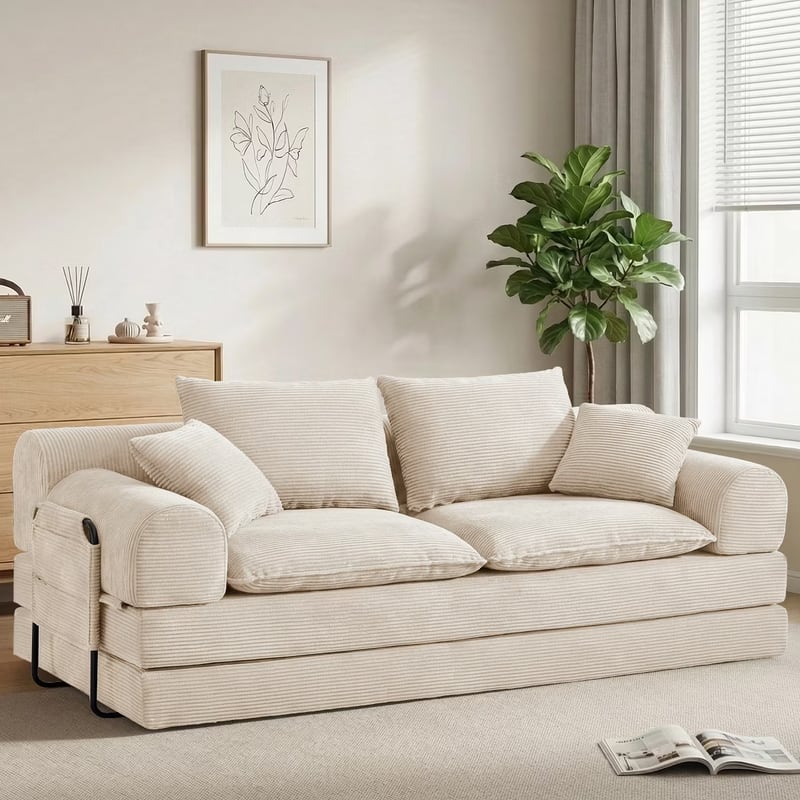 Dyonery - 5-in-1 Convertible Sleeper Sofa Bed,79" Beige Corduroy Boneless Folding Futon Cloud Couch,Loveseat Pull Out Couch Bed - Beige