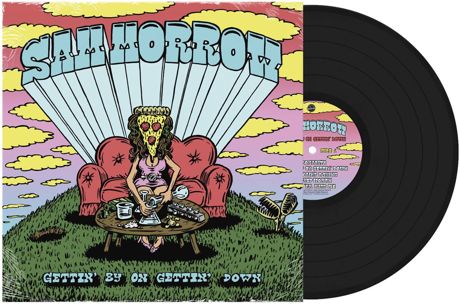Sure, here is the corrected and grouped text from the image:

**Front Cover:**
- SAILMORROH
- GETTIN' BY ON GETTIN' DOWN

**Vinyl Label:**
- HORROH
- FOR GETTIN' DOWN
- SIDE A
- GETTIN' BY ON GETTIN' DOWN
- GETTIN' DOWN
- THING KED TOUEN
- ESS ME GETTIN' DOWN

**Back Cover:**
- GETTIN' BY ON GETTIN' DOWN
- GETTIN' DOWN
- THING KED TOUEN
- ESS ME GETTIN' DOWN