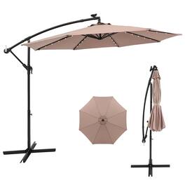 Costway - 10 Ft Patio Solar LED Offset Umbrella 40 Lights Crank Cross Base - Tan