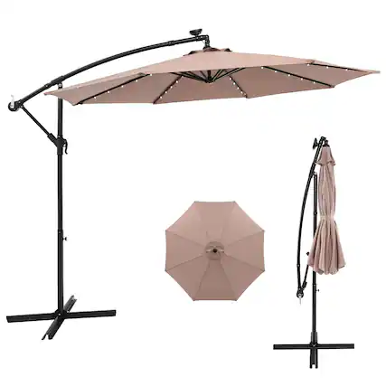 Front. Costway - 10 Ft Patio Solar LED Offset Umbrella 40 Lights Crank Cross Base - Tan.