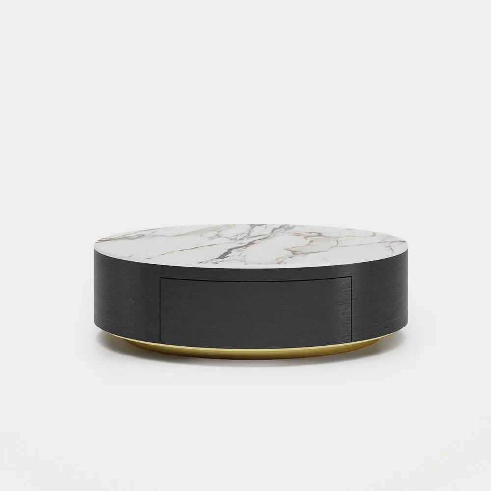 Alt View 7. POVISON - 39" Wood Modern Round Drum Sintered Stone Coffee Table with 2 Drawers Fully Assembled, Black & White - White & Black.