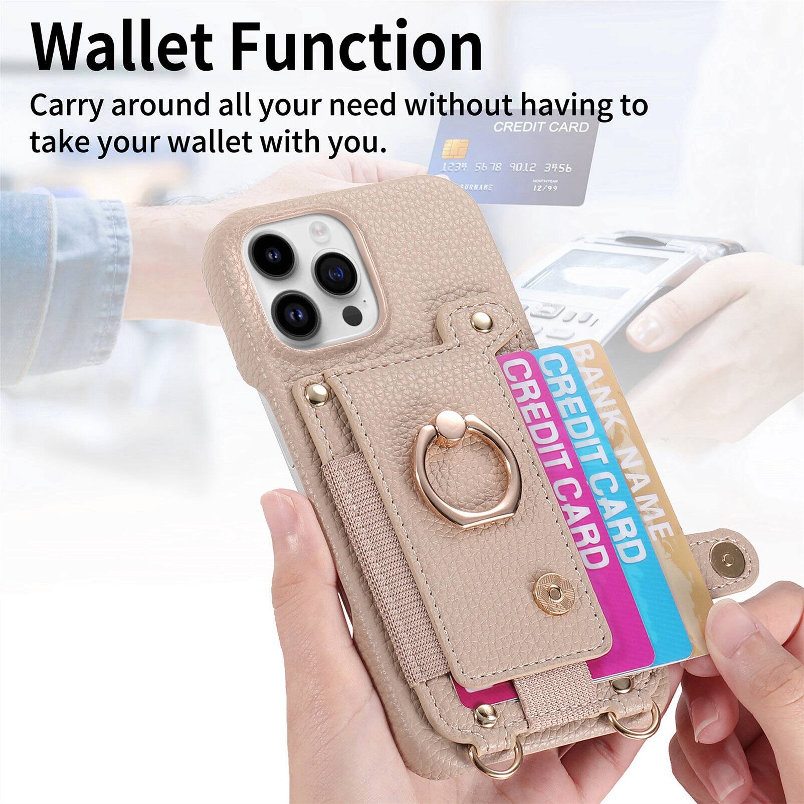 Wallet Function  
Carry around all your needs without having to take your wallet with you.  

CREDIT CARD  
1234 5678 9012 3456  
VALID 12/99  

CREDIT CARD  
CREDIT CARD  
NAME