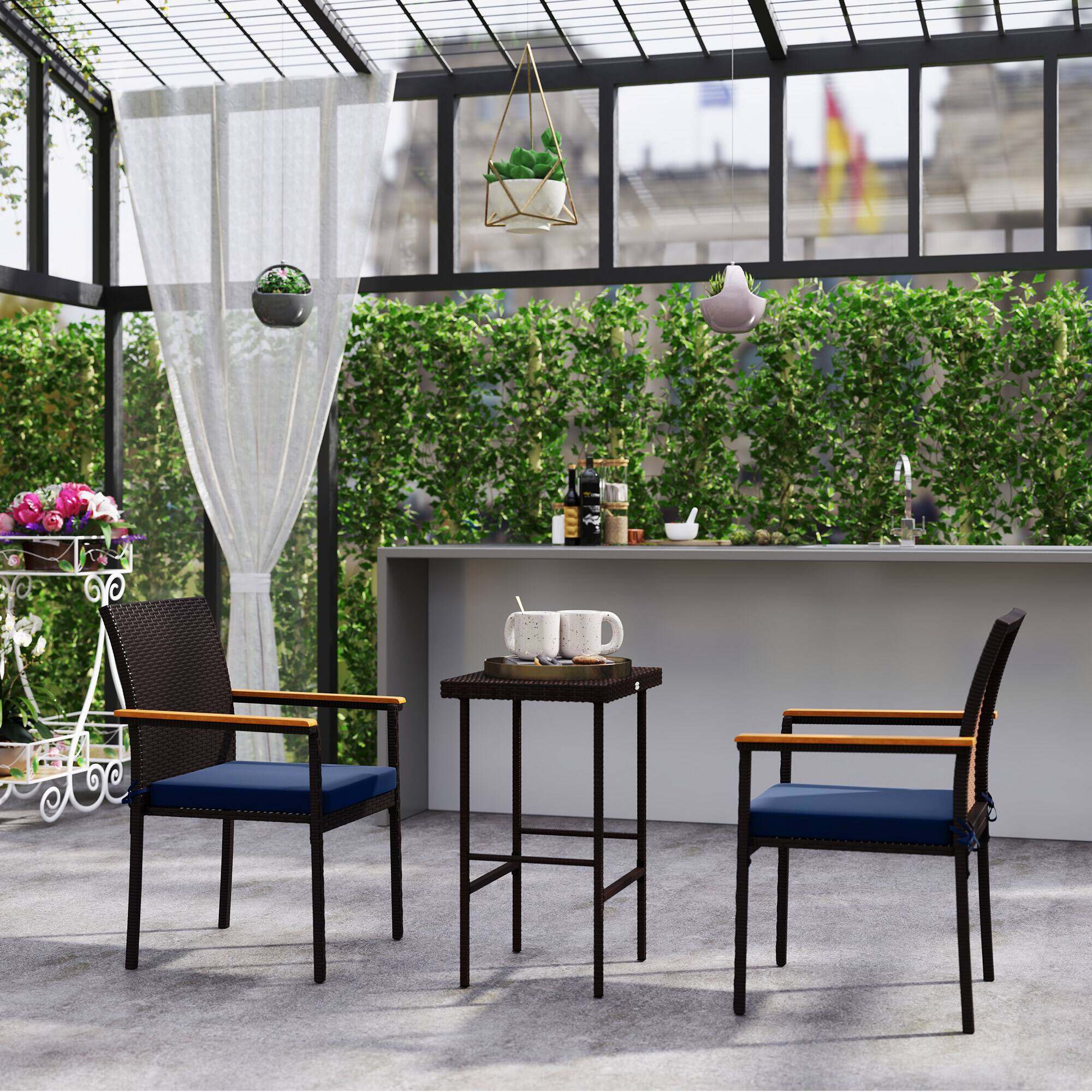 Alt View 8. Outsunny - Wicker Outdoor Dining Chairs Set of 2, Stackable PE Rattan Patio Dining Chairs with Cushions and Acacia Wood Armrests - Blue.