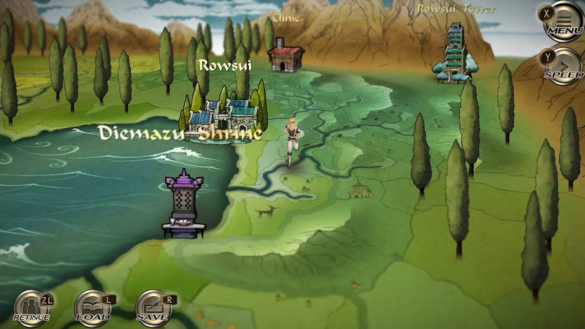 Clinic  
Rowsui  
Dicmazu Shrine  
Rowsui Tower  

X MENU  
Y SPEED  

ZL RETINUE  
L LOAD  
R SAVE