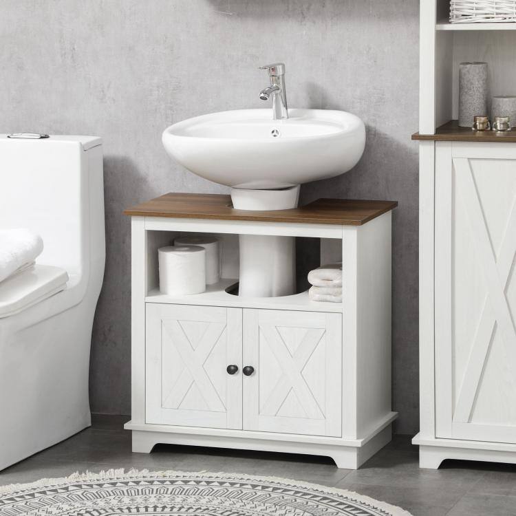 Alt View 2. PULUZ - Modern Farmhouse Bathroom Sink Cabinet, Pedestal Sink Storage Cabinet with Double Doors and Shelves - White.