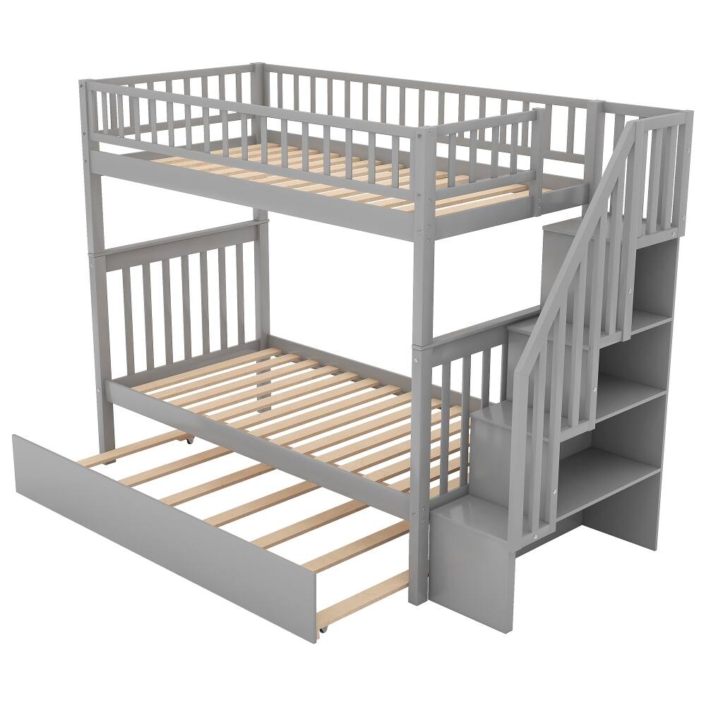 Alt View 3. Loheer - Loheer Twin Over Twin Bunk Bed with Trundle and Storage Shelves Gray Solid Wood - Gray.